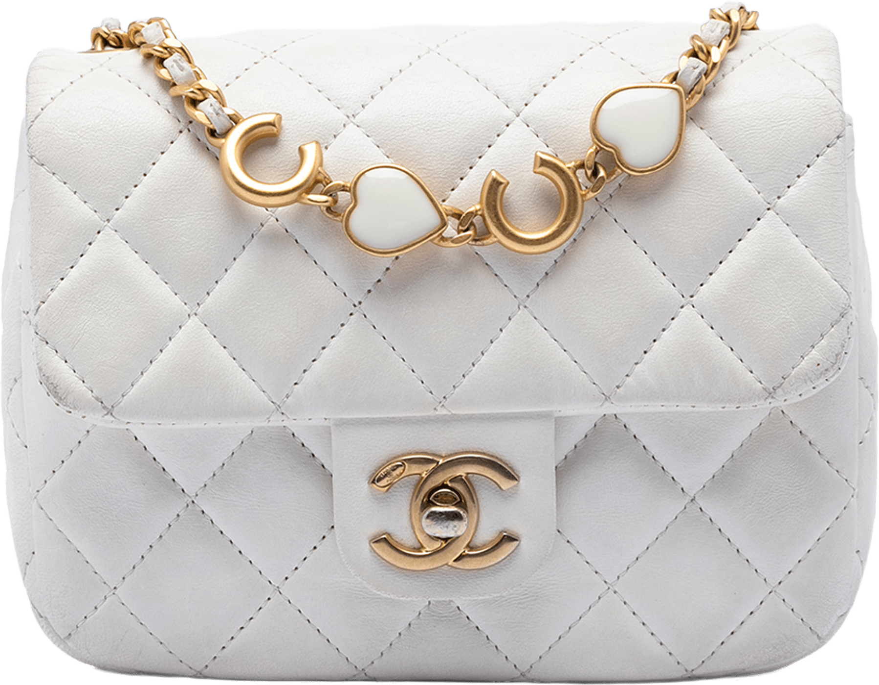 Chanel Mini Square Classic Lambskin Enamel Coco Hearts Single Flap, från Luxclusif, i färgen white.