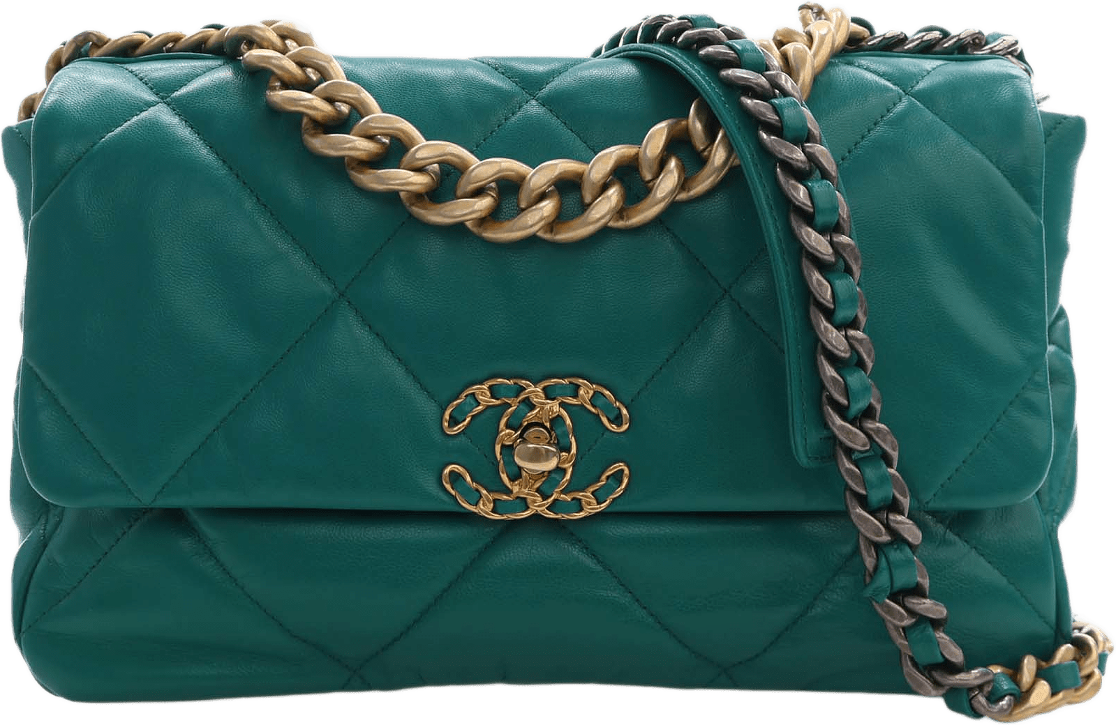 Chanel Large Lambskin 19 Flap, från Luxclusif, i färgen grön.