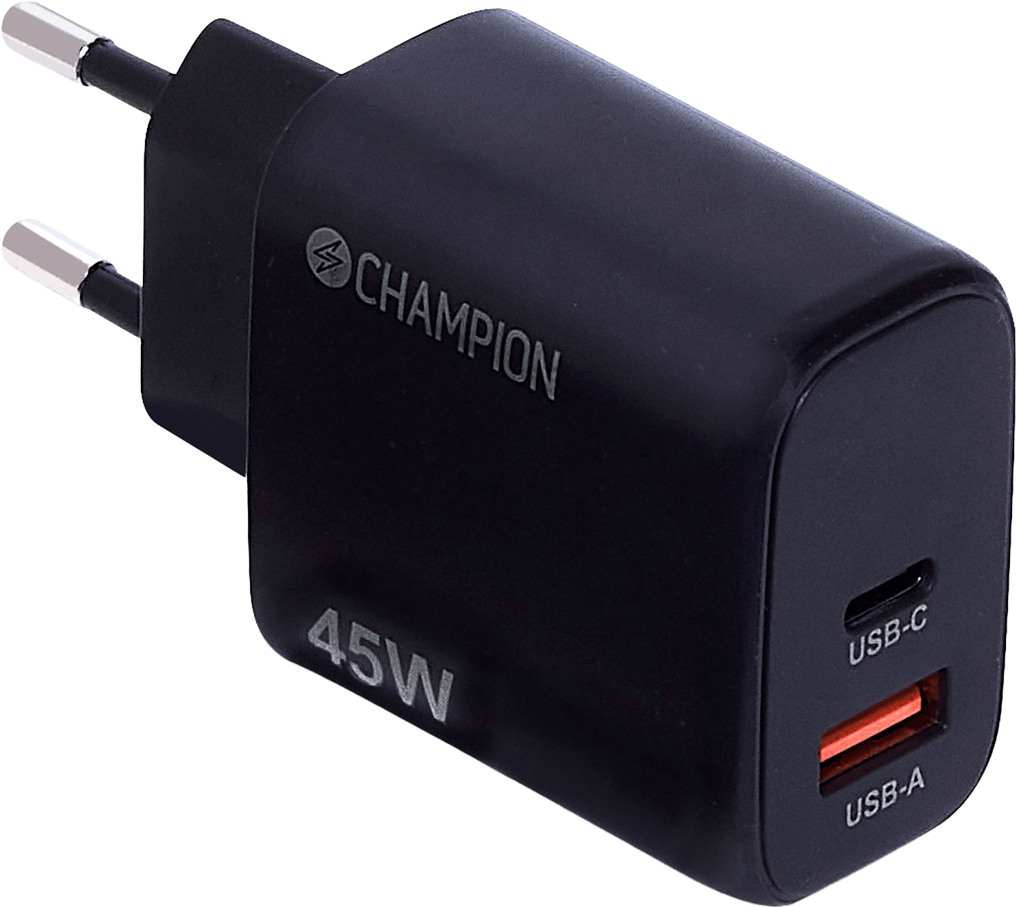 Laddare 45w Pd/qc, från Champion Nordic, i färgen svart.