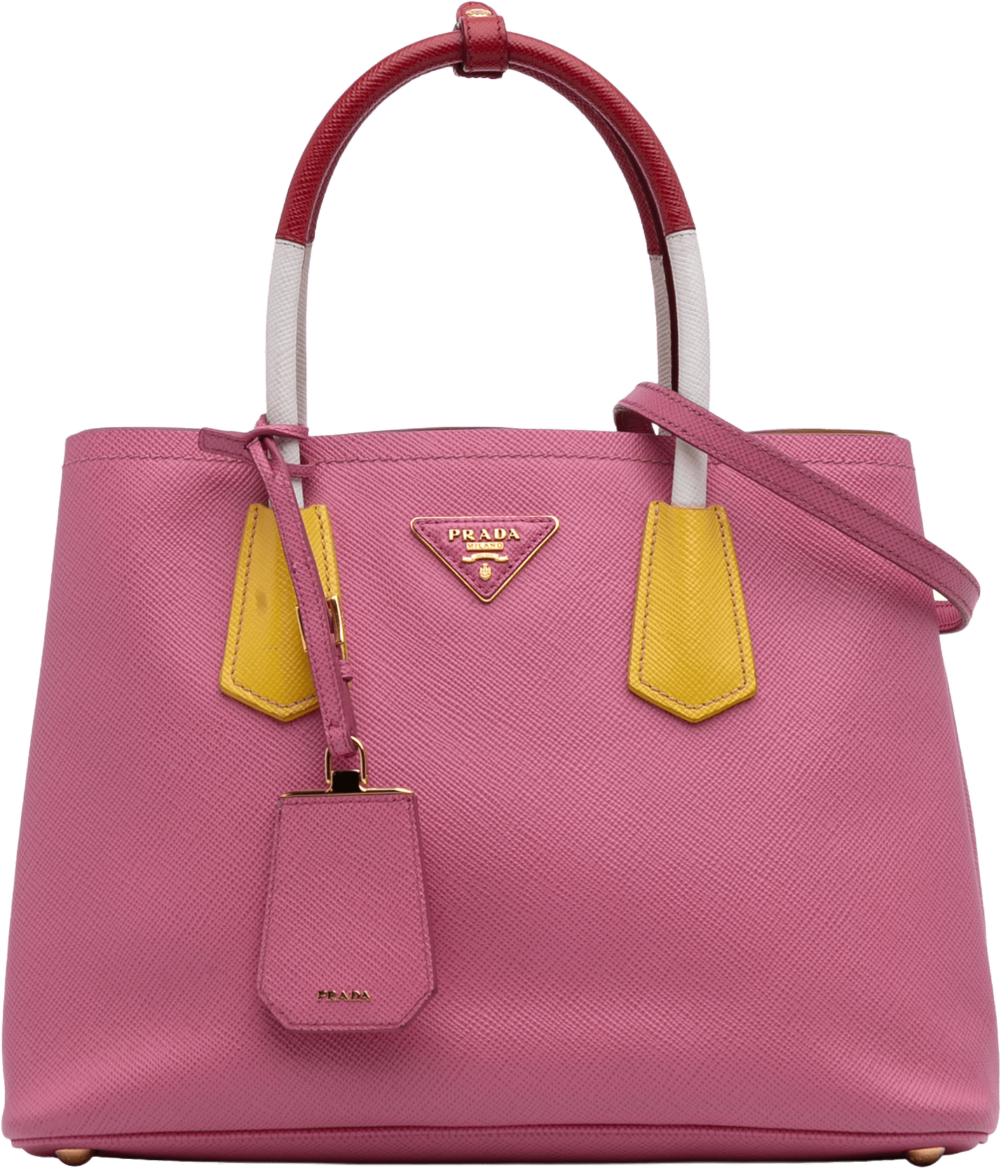 Prada Small Bicolor Saffiano Cuir Double Satchel, från Luxclusif, i färgen pink.
