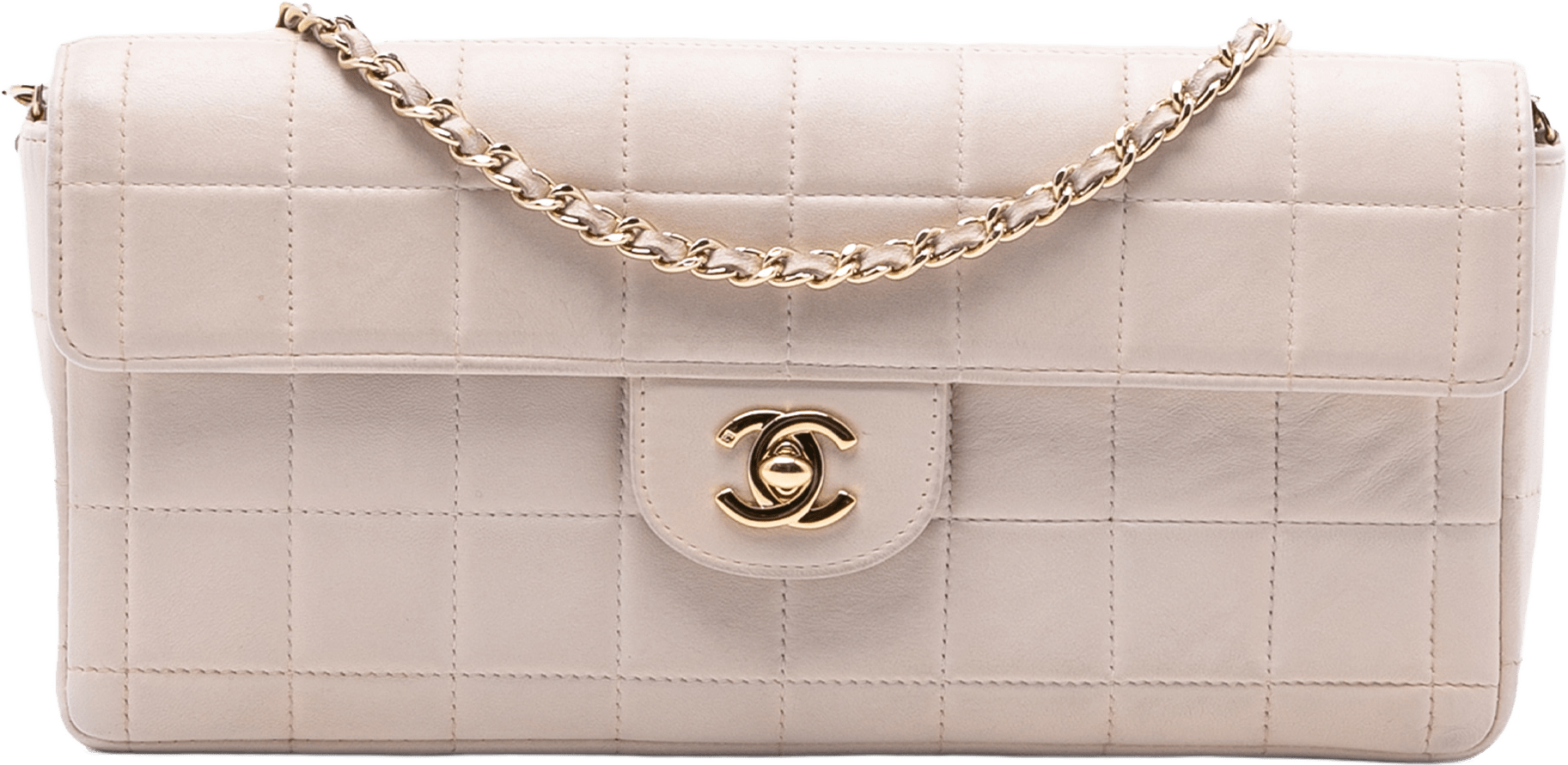 Chanel Chocolate Bar Lambskin East West Flap, från Luxclusif, i färgen light beige.