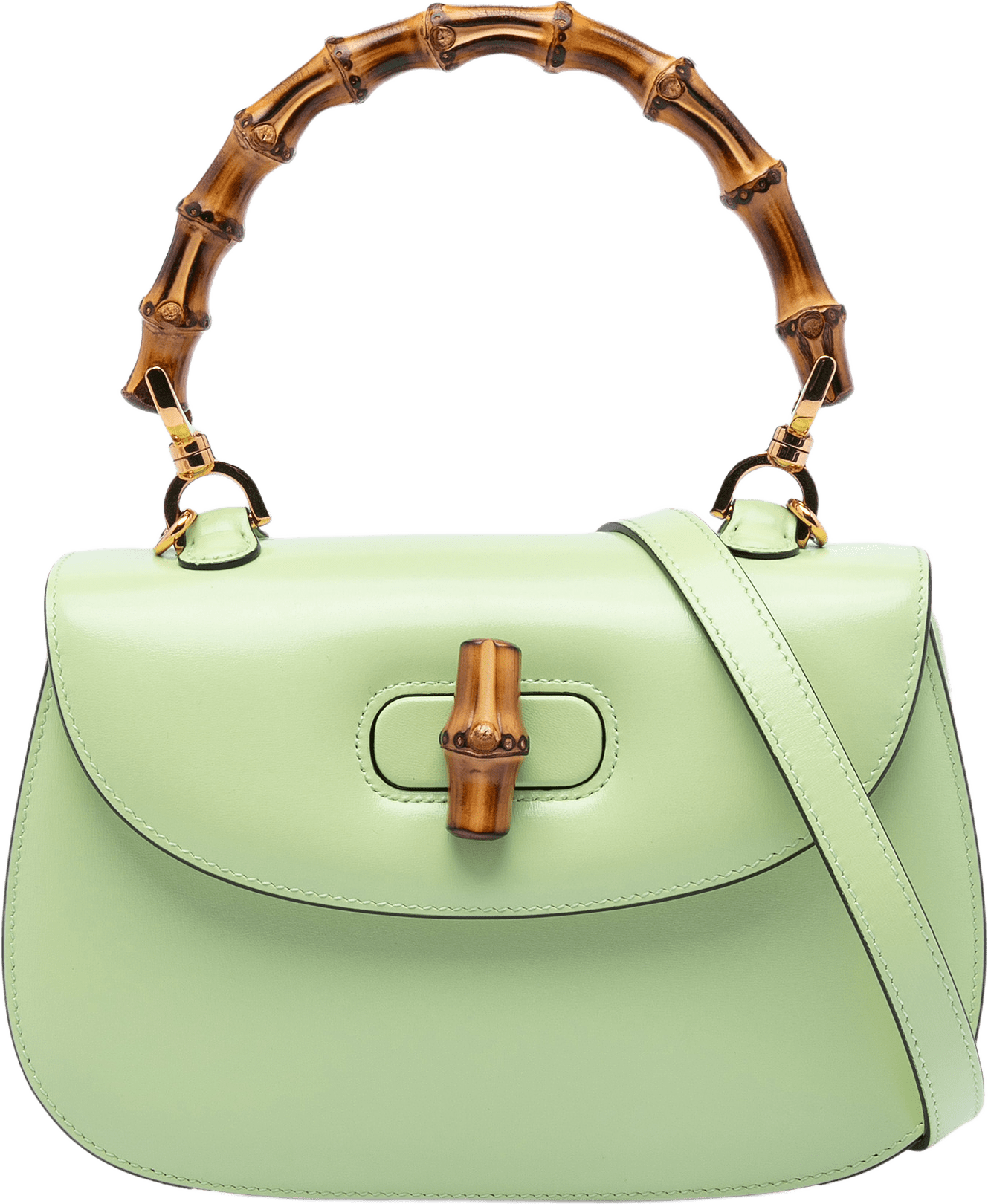 Gucci Small Calfskin 1947 Bamboo Top Handle Bag, från Luxclusif, i färgen light green.