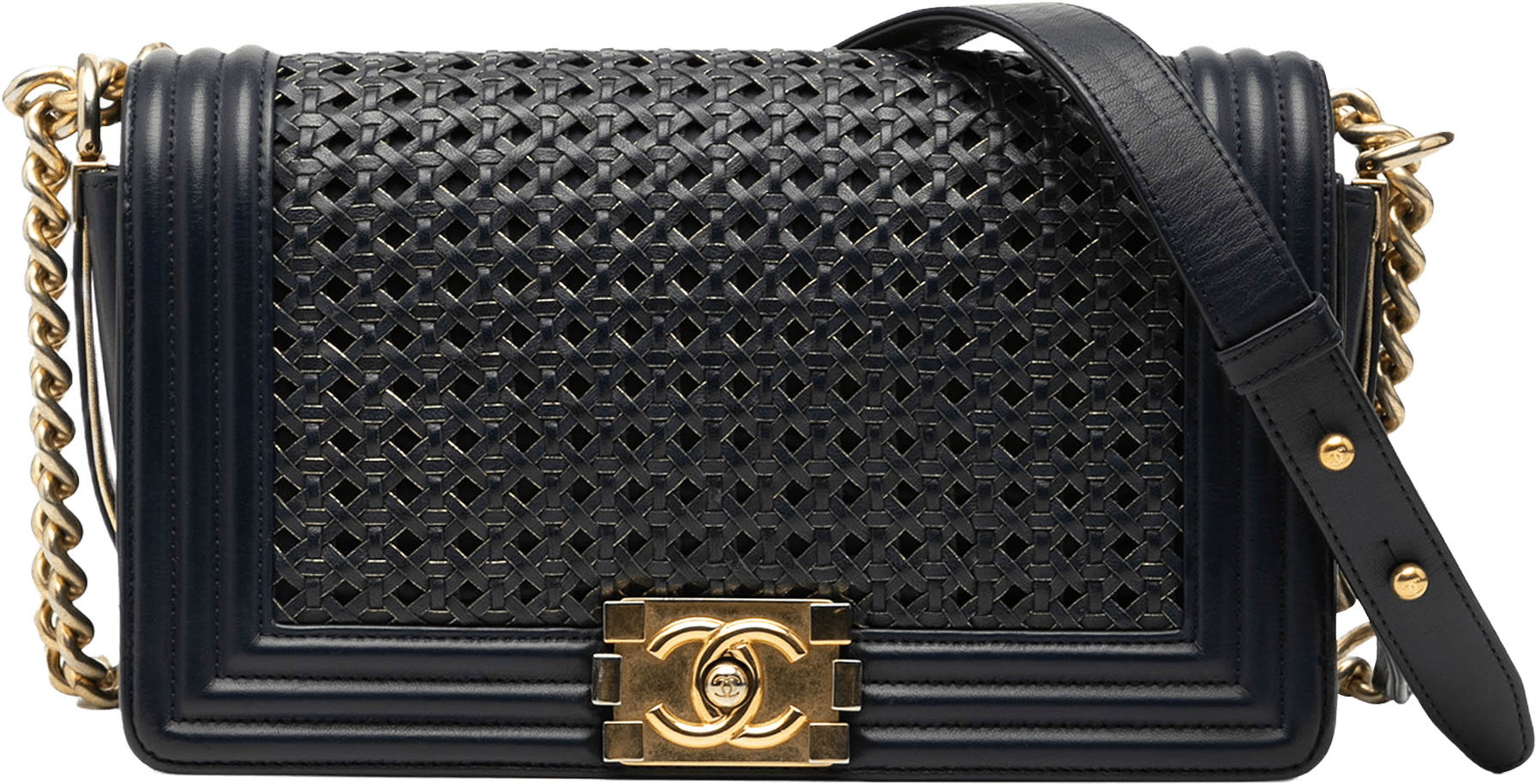 Chanel Old Medium Braided Sheepskin Boy Flap, från Luxclusif, i färgen navy.