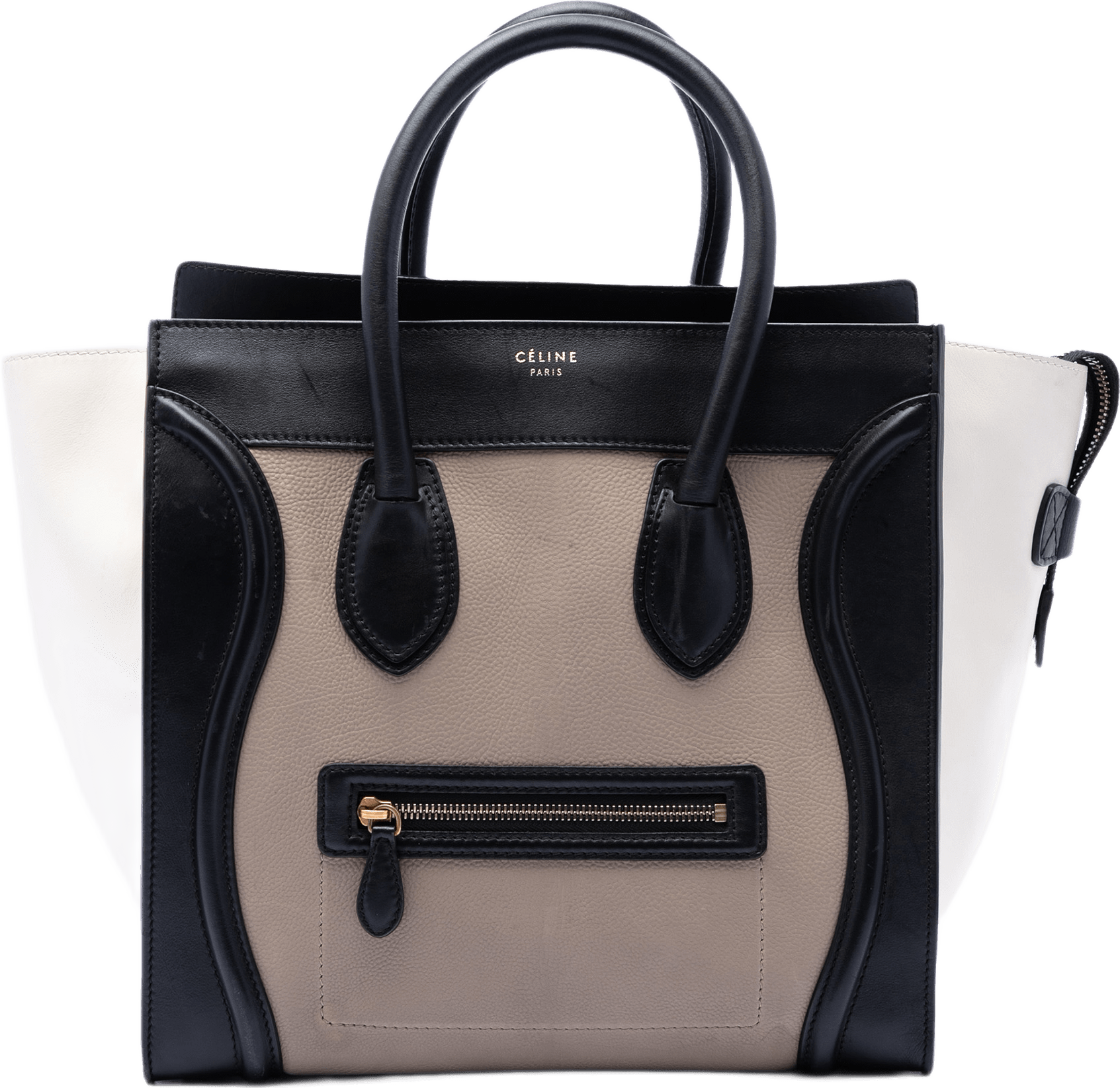 Celine Mini Tricolor Leather Luggage Tote, från Luxclusif, i färgen beige.