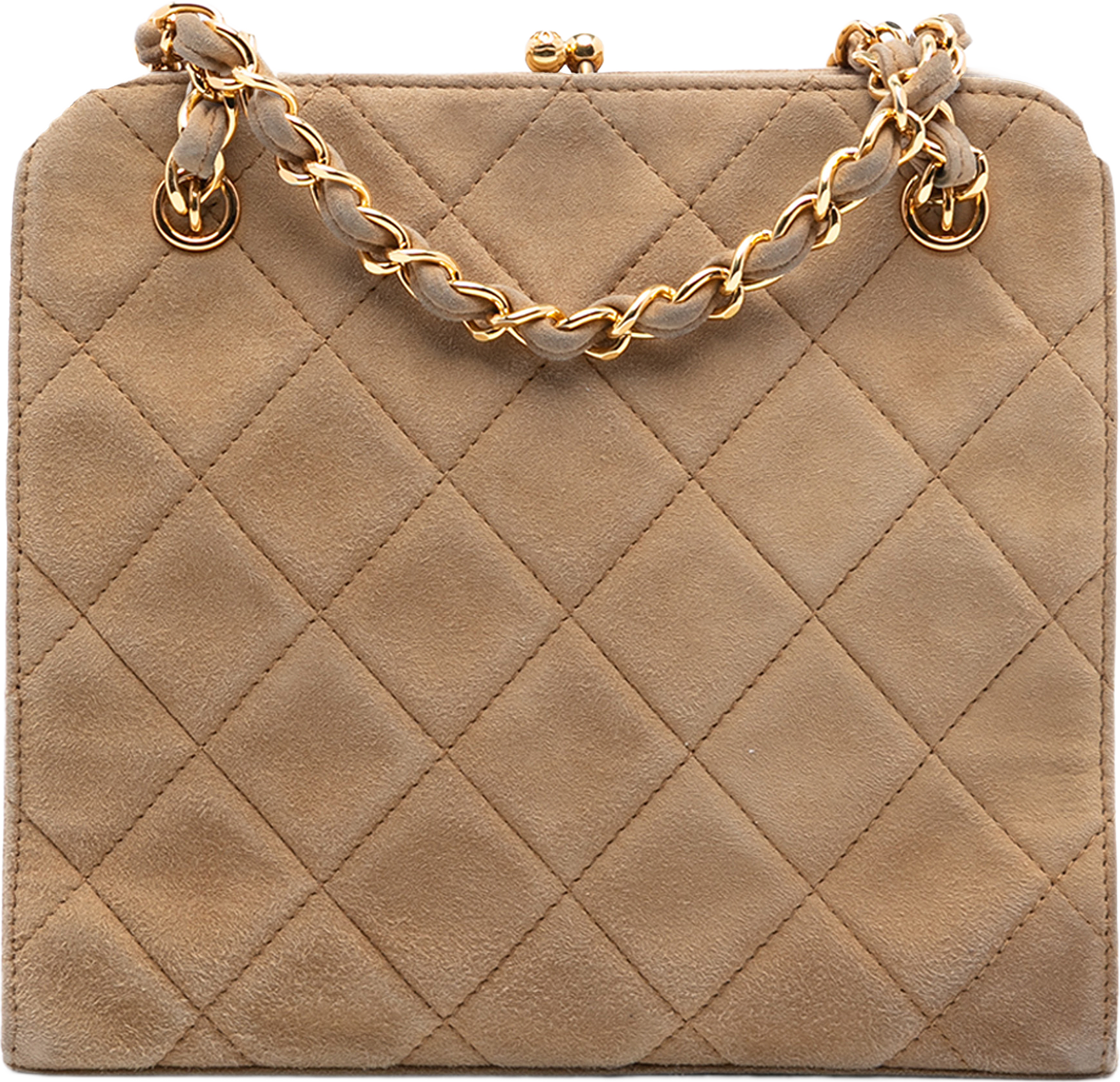 Chanel Cc Quilted Suede Kiss Lock Handbag, från Luxclusif, i färgen light brown.