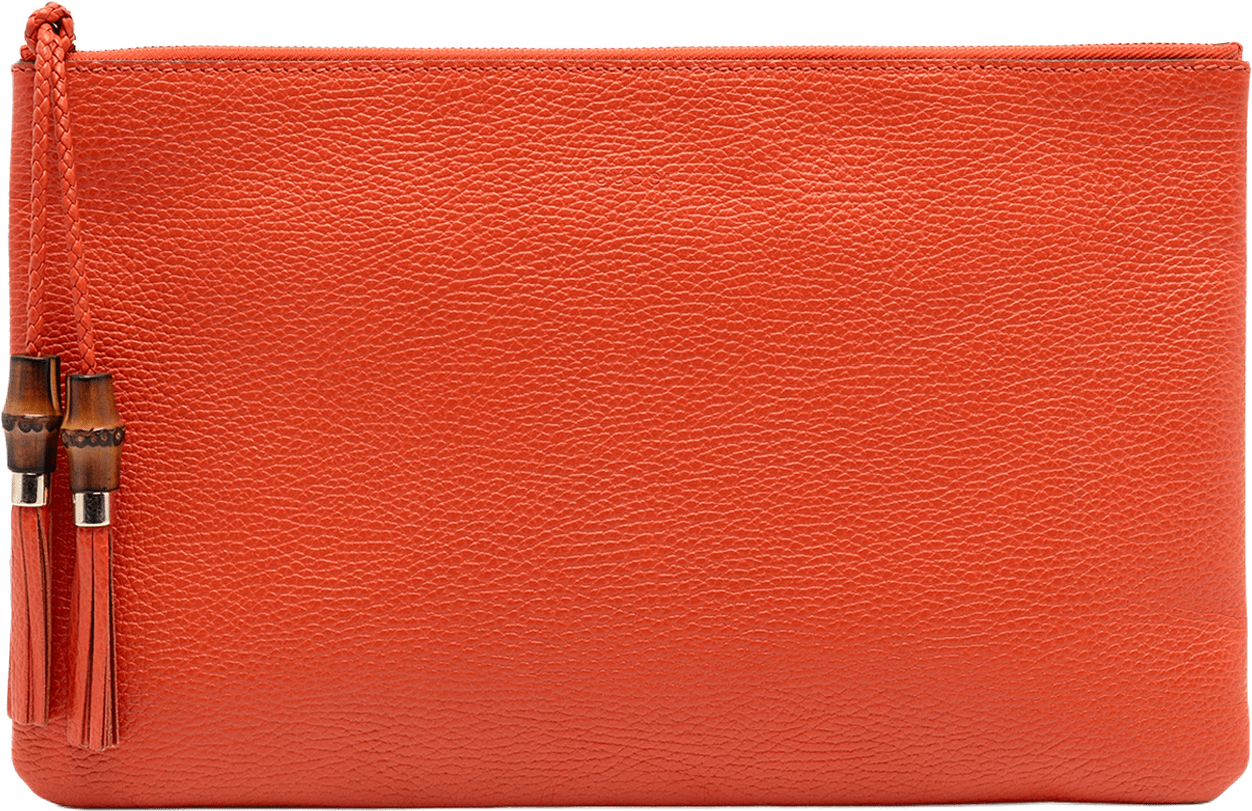 Gucci Calfskin Bamboo Tassel Clutch, från Luxclusif, i färgen orange.