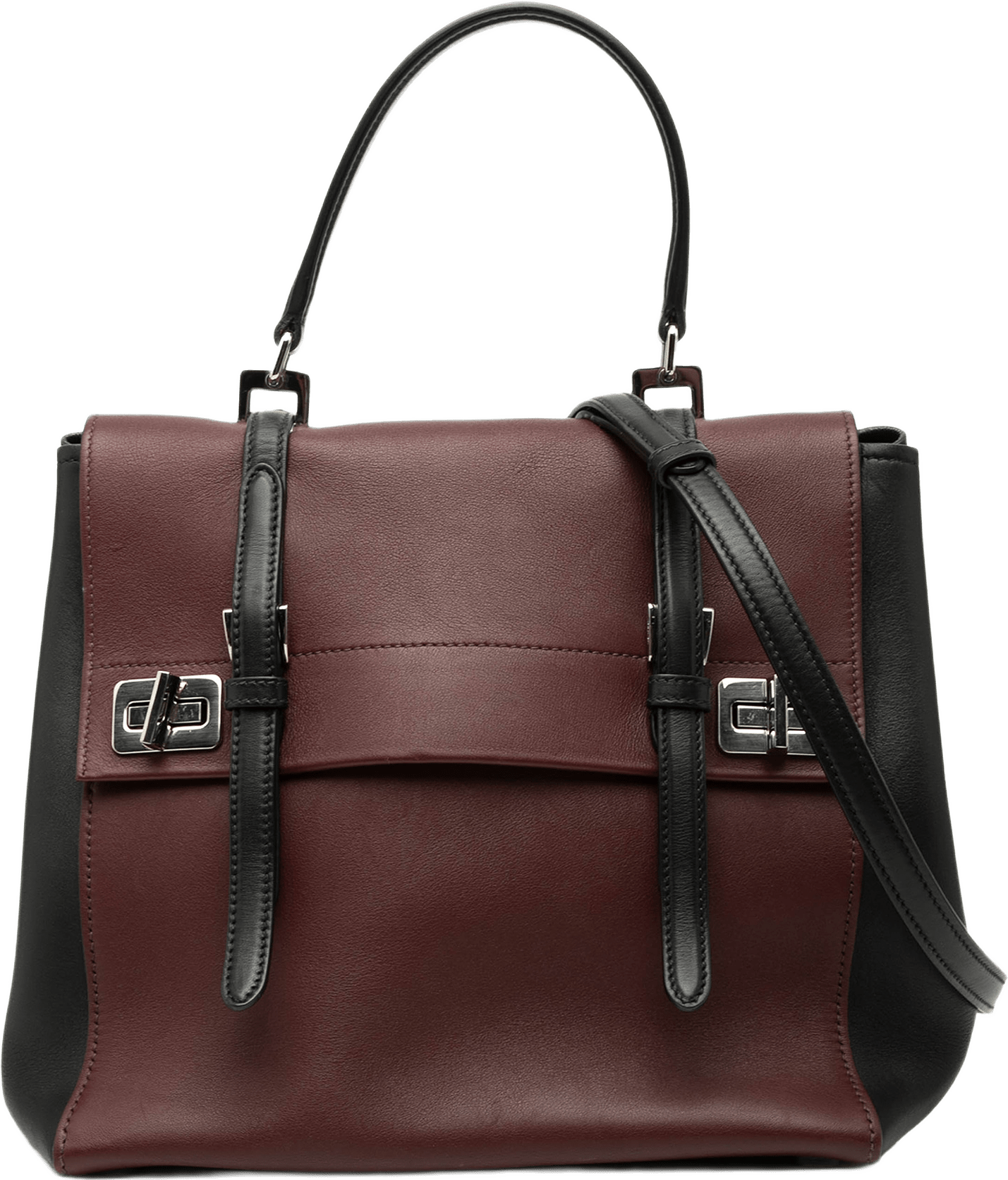 Prada Bicolor Soft Calf Double Turnlock Satchel, från Luxclusif, i färgen burgundy.