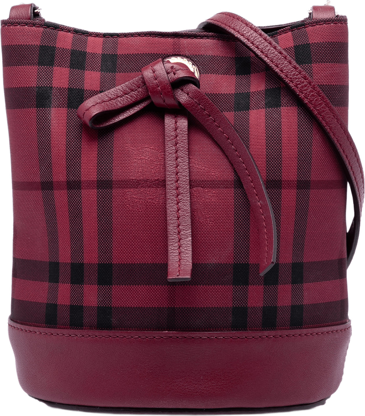 Burberry Baby Haymarket Check Nylon Overdyed Bucket Bag, från Luxclusif, i färgen burgundy.