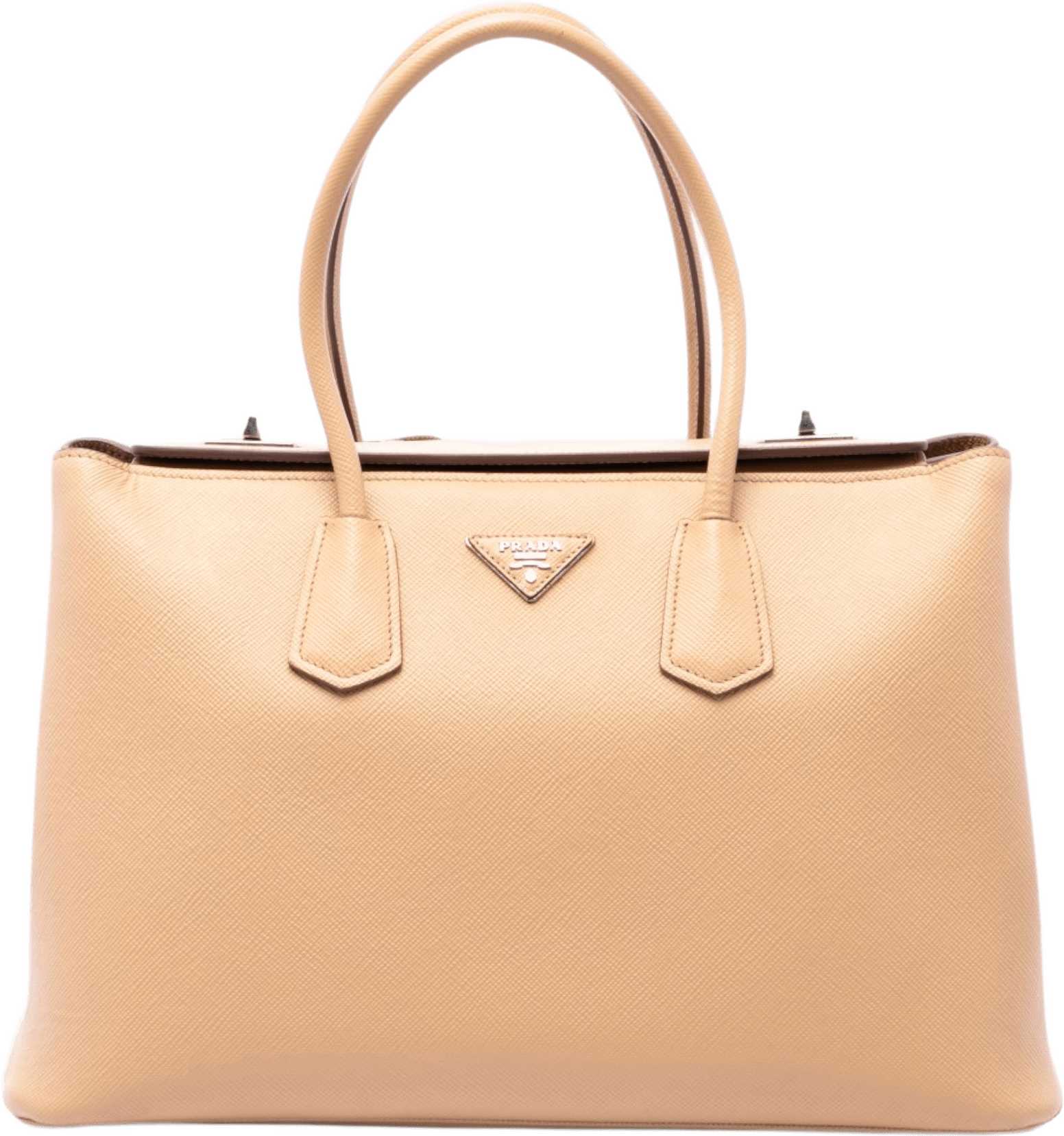 Prada Saffiano Cuir Turnlock Twin Satchel, från Luxclusif, i färgen beige.