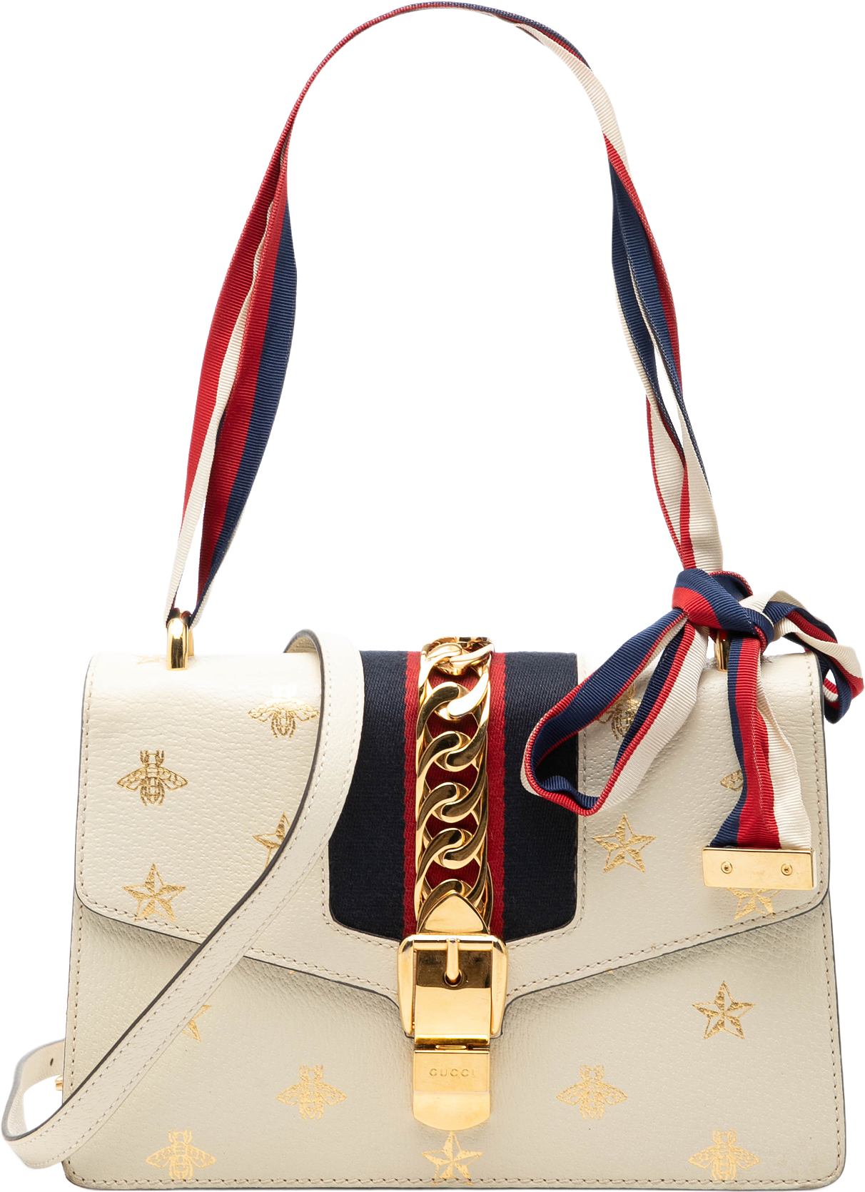 Gucci Small Calfkin Bee Star Sylvie Satchel, från Luxclusif, i färgen ivory.