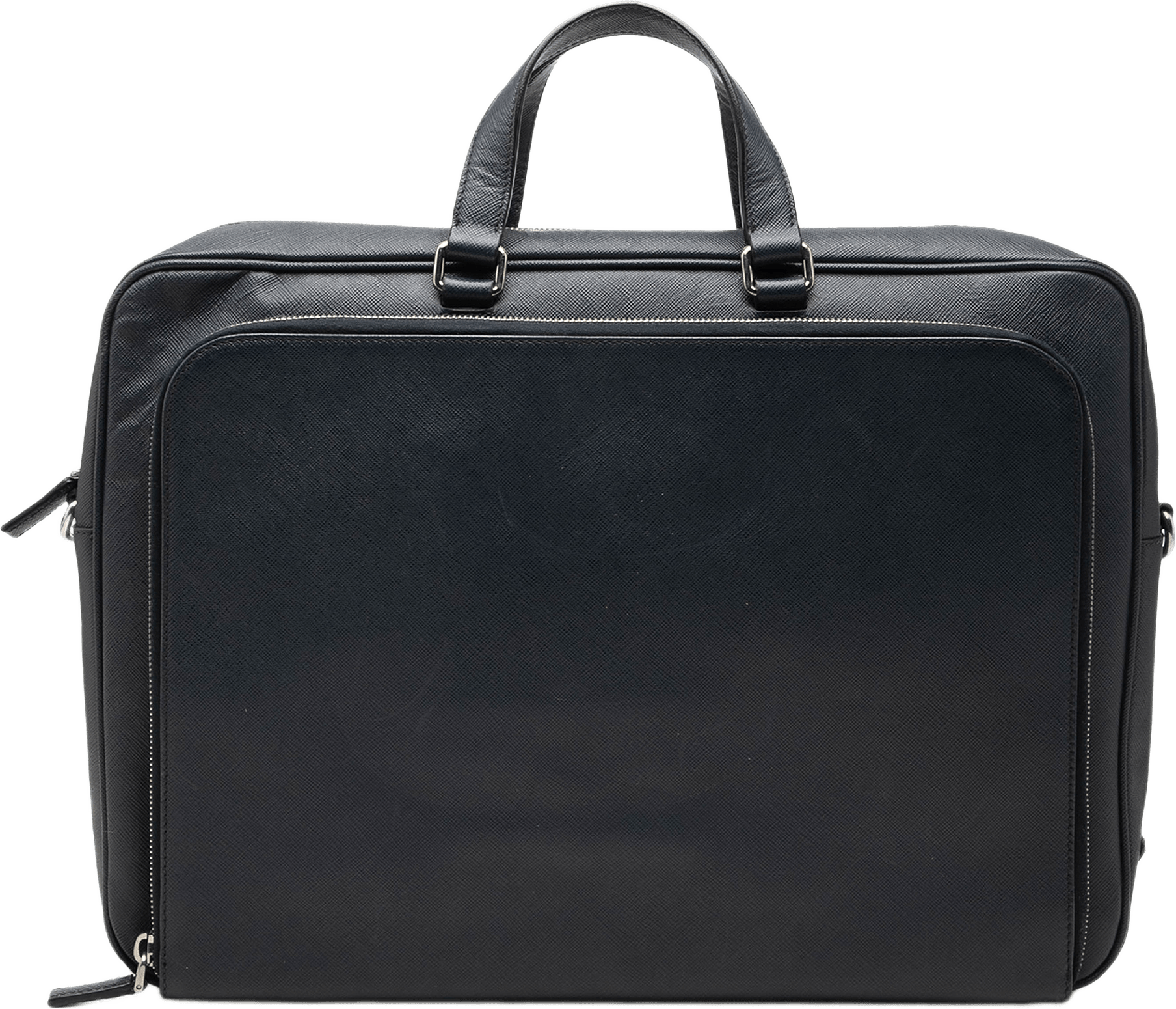 Prada Saffiano Cuir Travel Front Zip Pocket Briefcase, från Luxclusif, i färgen svart.