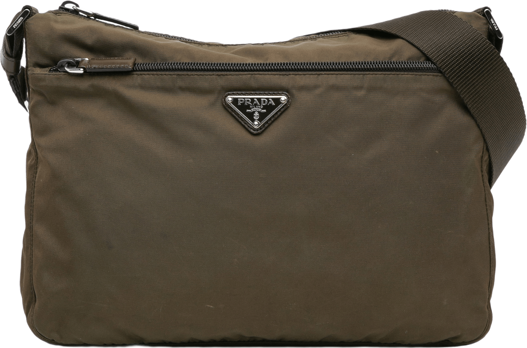 Prada Tessuto Zip Top Crossbody, från Luxclusif, i färgen dark khaki.