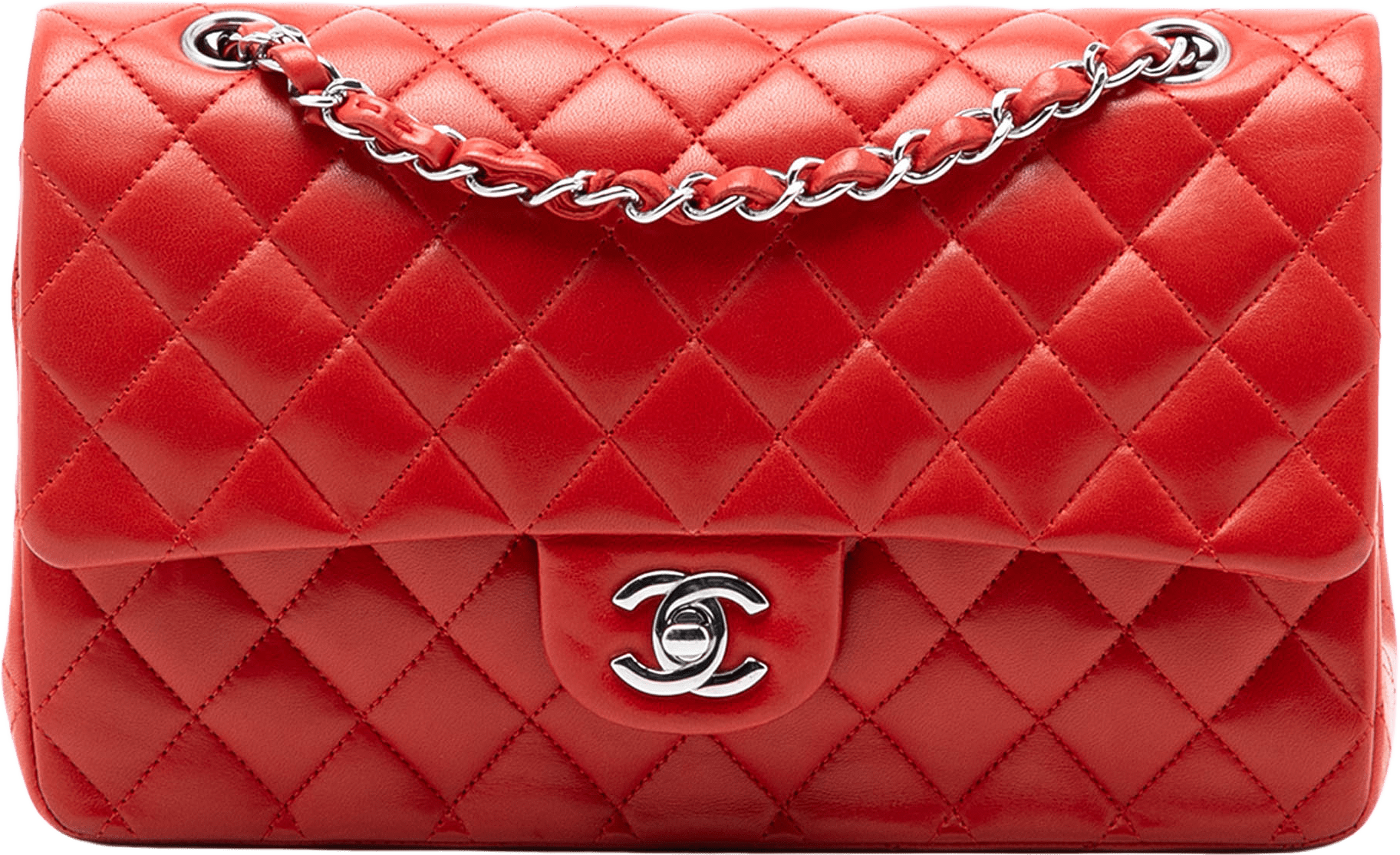 Chanel Medium Classic Lambskin Double Flap, från Luxclusif, i färgen red.