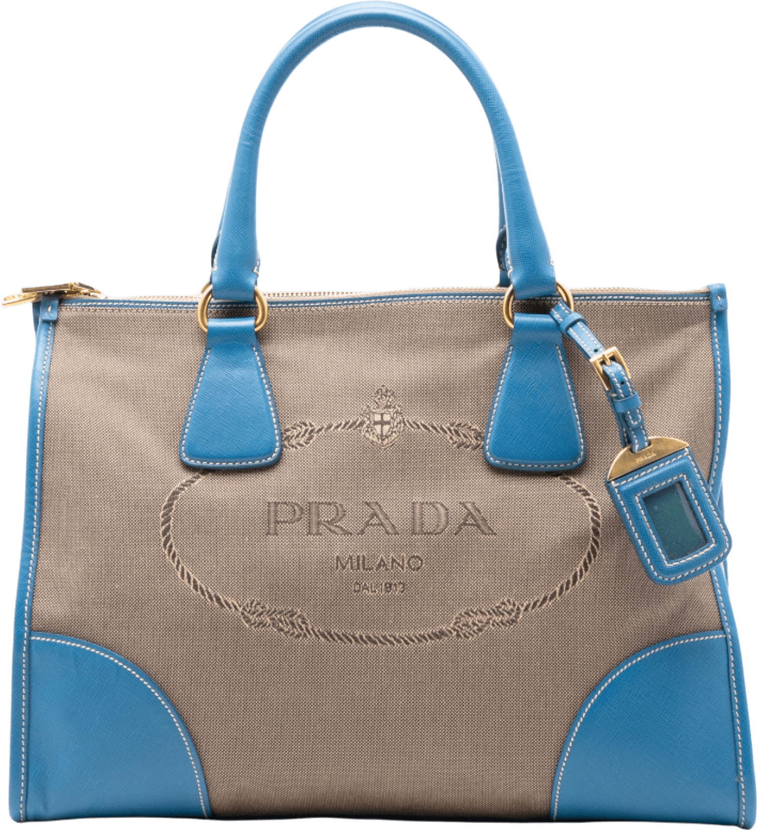 Prada Saffiano Trimmed Canvas Canapa Logo Double Zip Satchel, från Luxclusif, i färgen light brown.