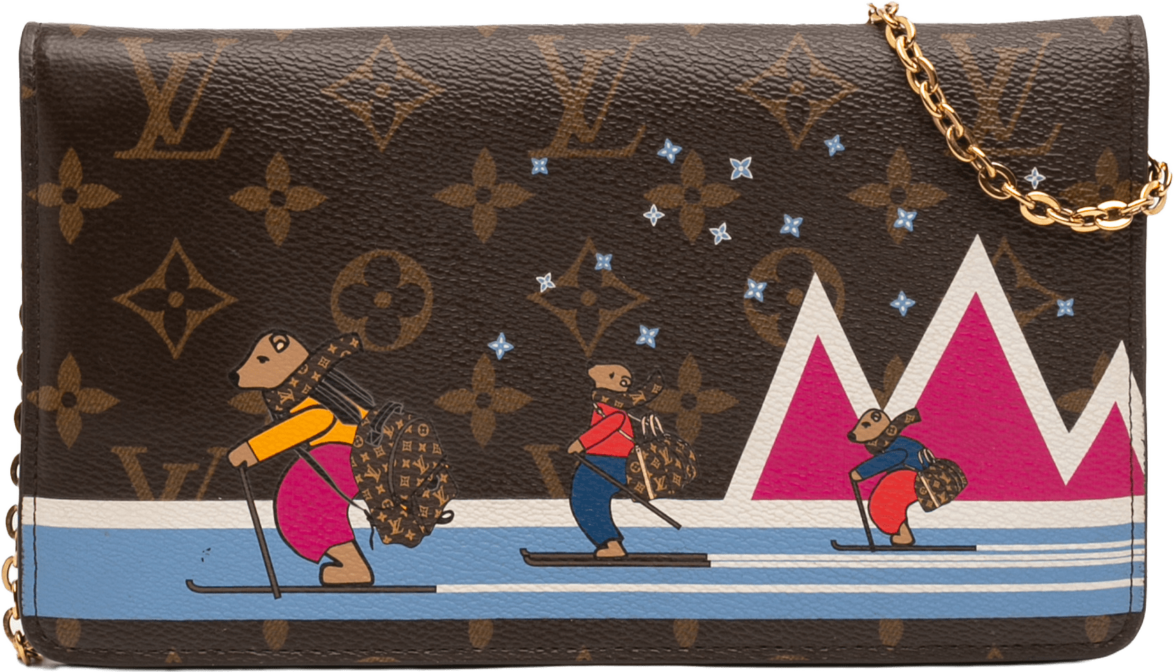 Louis Vuitton Monogram Christmas Animation Bears On Skis Pochette Weekend Chain Wallet, från Luxclusif, i färgen brown.