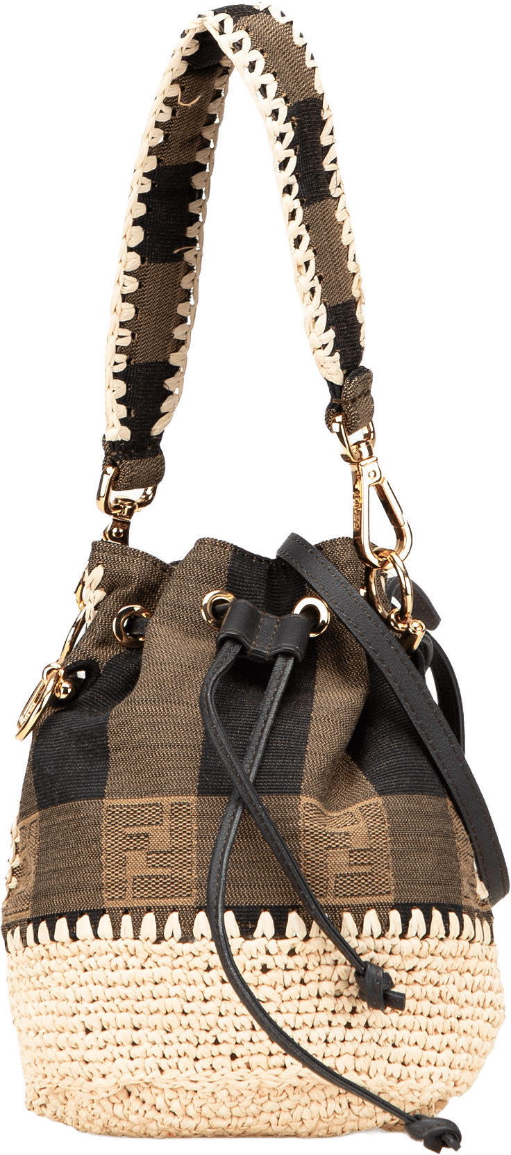 Fendi Zucca Pequin Jaquard And Straw Mon Tresor Bucket Bag, från Luxclusif, i färgen brown.