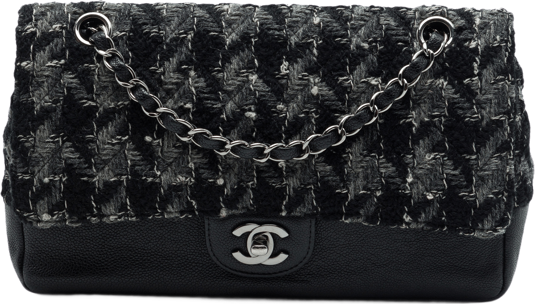 Chanel Medium Classic Tweed And Caviar Double Flap, från Luxclusif, i färgen svart.