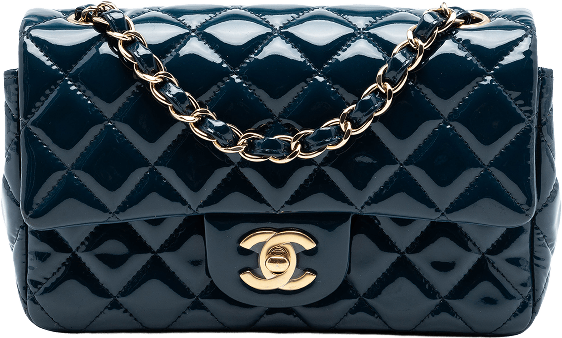 Chanel Mini Rectangular Classic Patent Single Flap, från Luxclusif, i färgen dark blue.