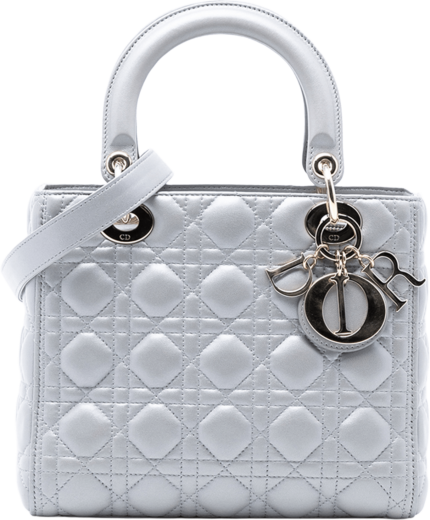 Dior Medium Pearlescent Lambskin Cannage Lady Dior, från Luxclusif, i färgen gray.