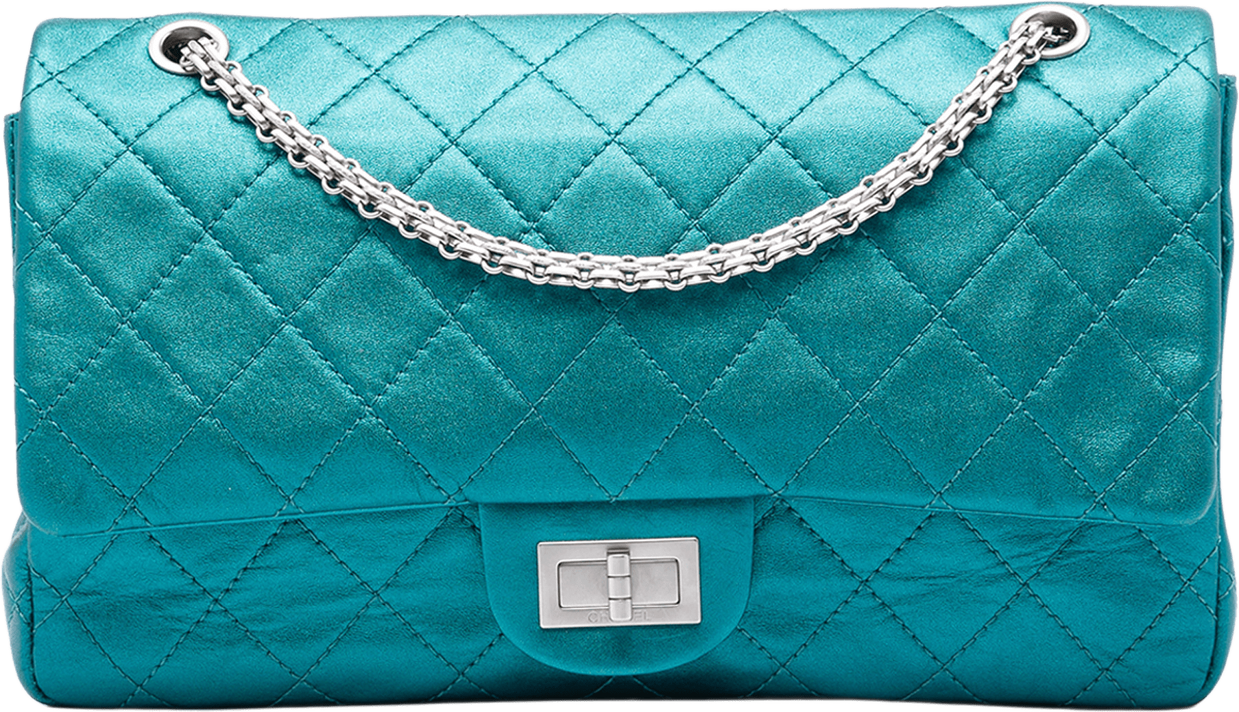 Chanel Quilted Metallic Calfskin Reissue 2.55 Flap 227, från Luxclusif, i färgen turquoise.