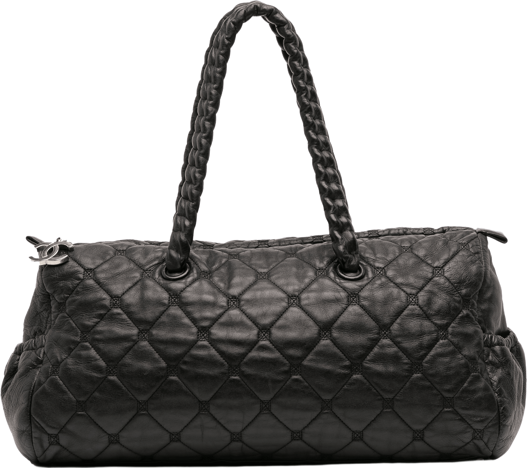 Chanel Quilted Lambskin Hidden Chain Bowler Bag, från Luxclusif, i färgen black.