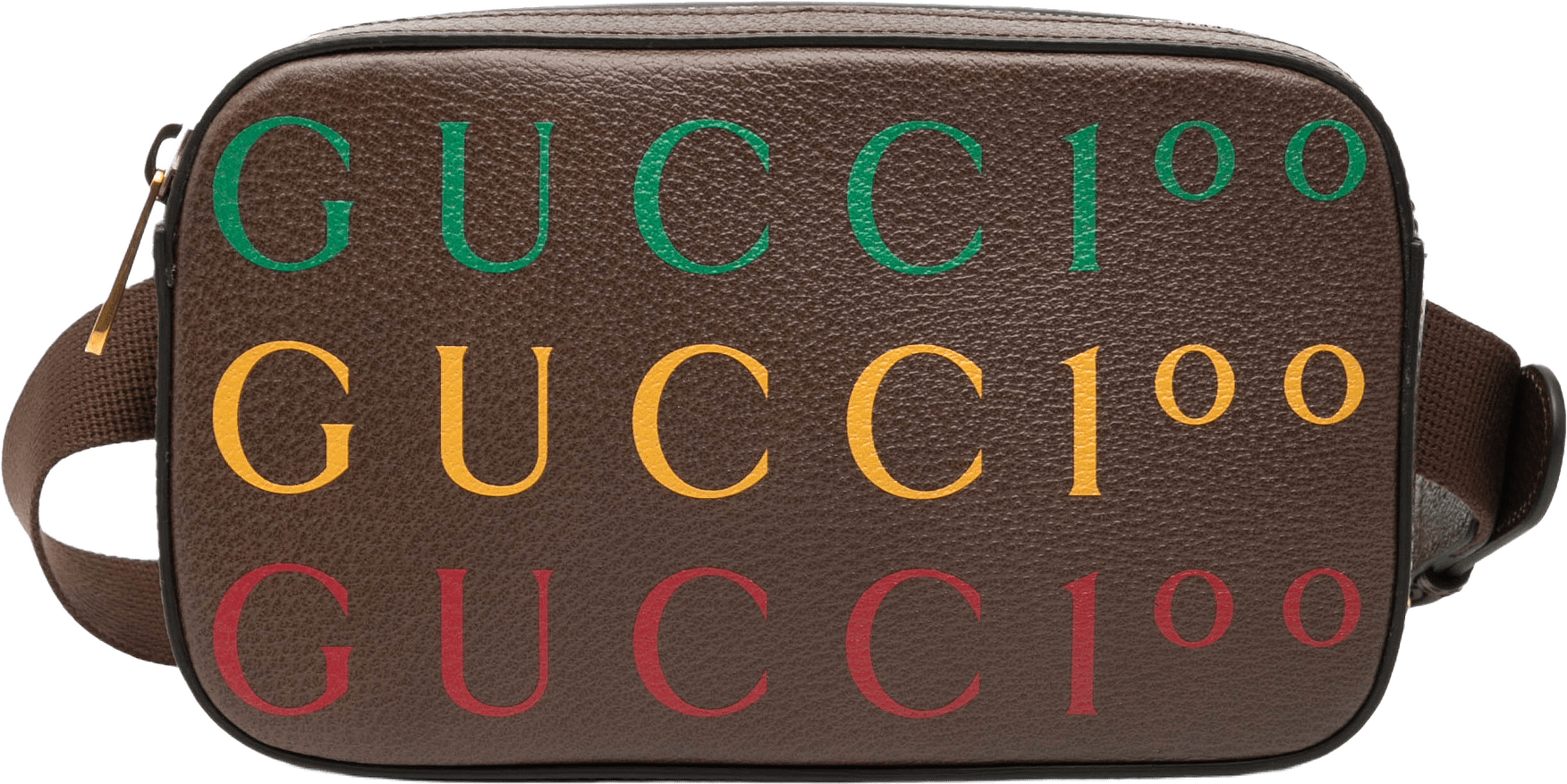 Gucci 100th Anniversary Textured Dollar Calfskin Logo Belt Bag, från Luxclusif, i färgen dark brown.