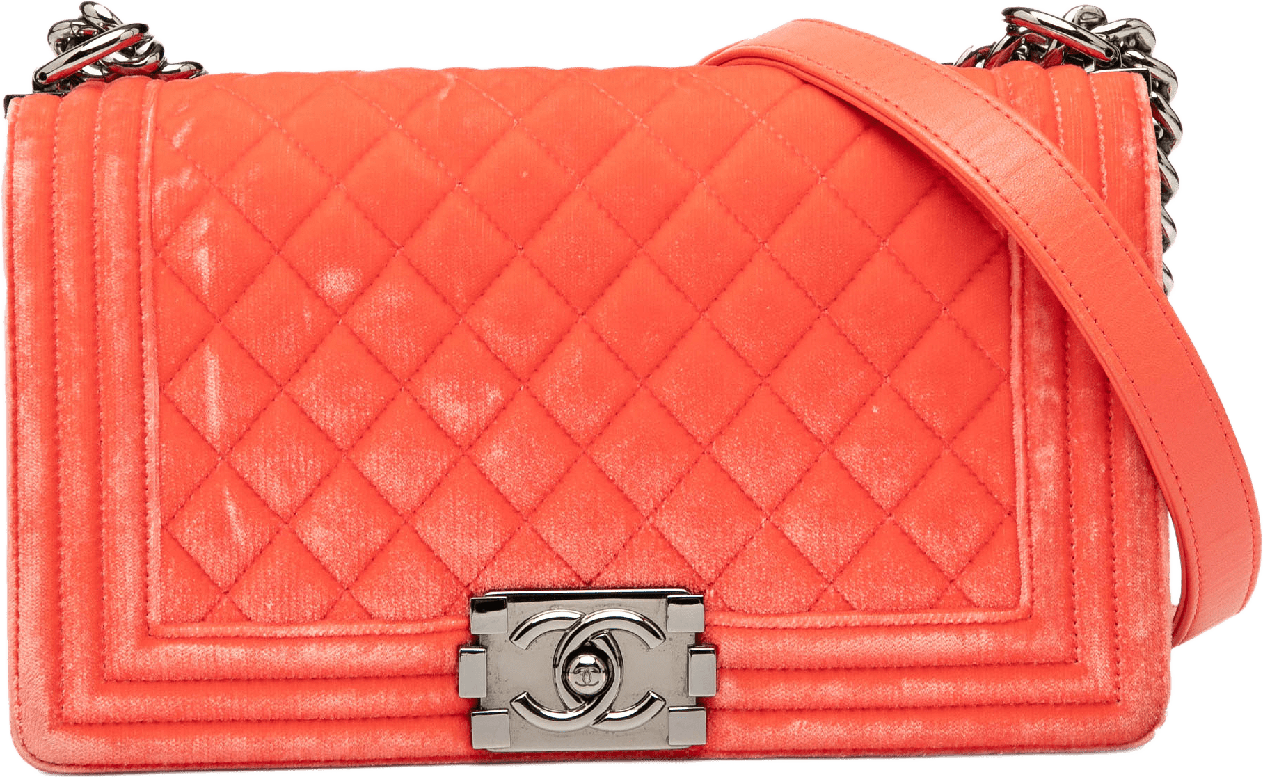 Chanel Old Medium Quilted Velvet Boy Flap, från Luxclusif, i färgen dark orange.