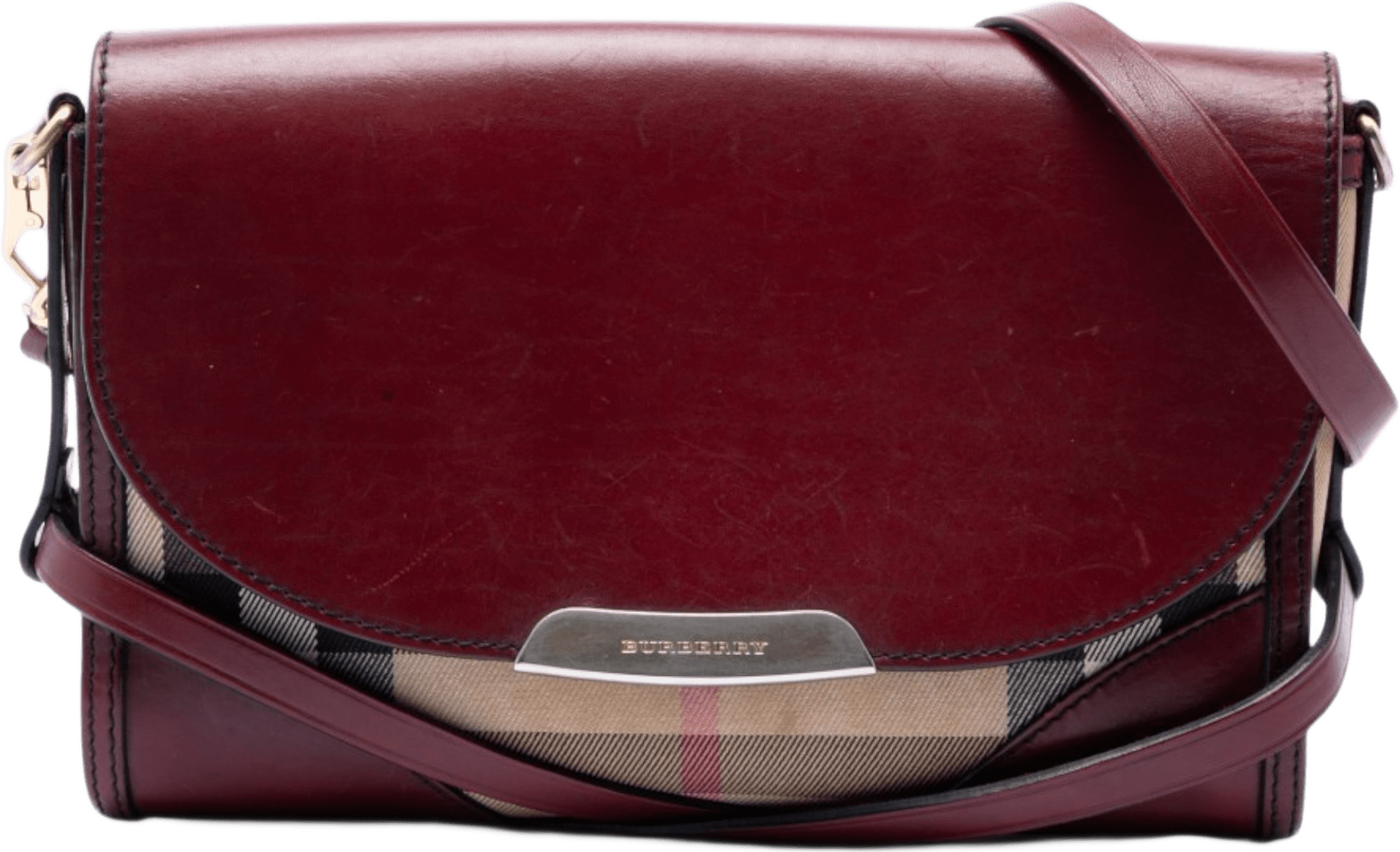 Burberry Leather And House Check Canvas Bridle Abbott Crossbody, från Luxclusif, i färgen red.