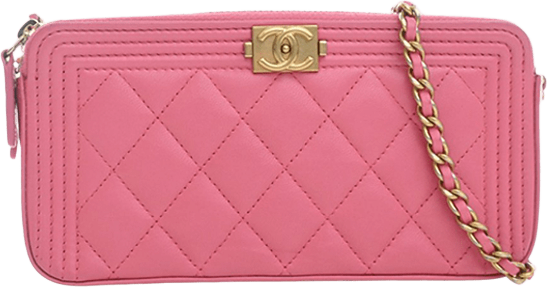 Chanel Quilted Lambskin Boy Double Zip Wallet On Chain, från Luxclusif, i färgen pink.