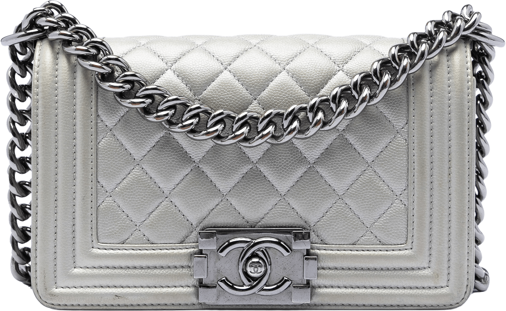 Chanel Small Quilted Metallic Caviar Boy Flap, från Luxclusif, i färgen silver.