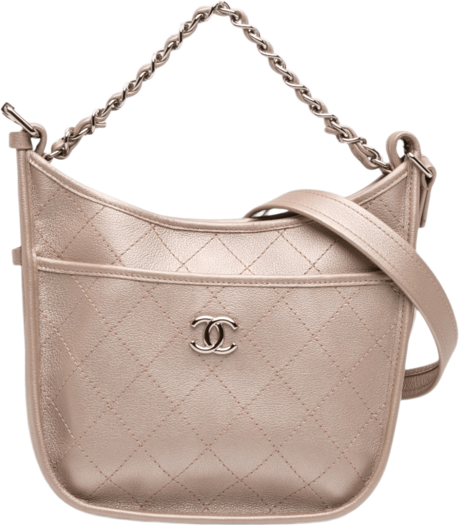 Chanel Small Quilted Metallic Calfskin Jungle Stroll Hobo, från Luxclusif, i färgen light pink.