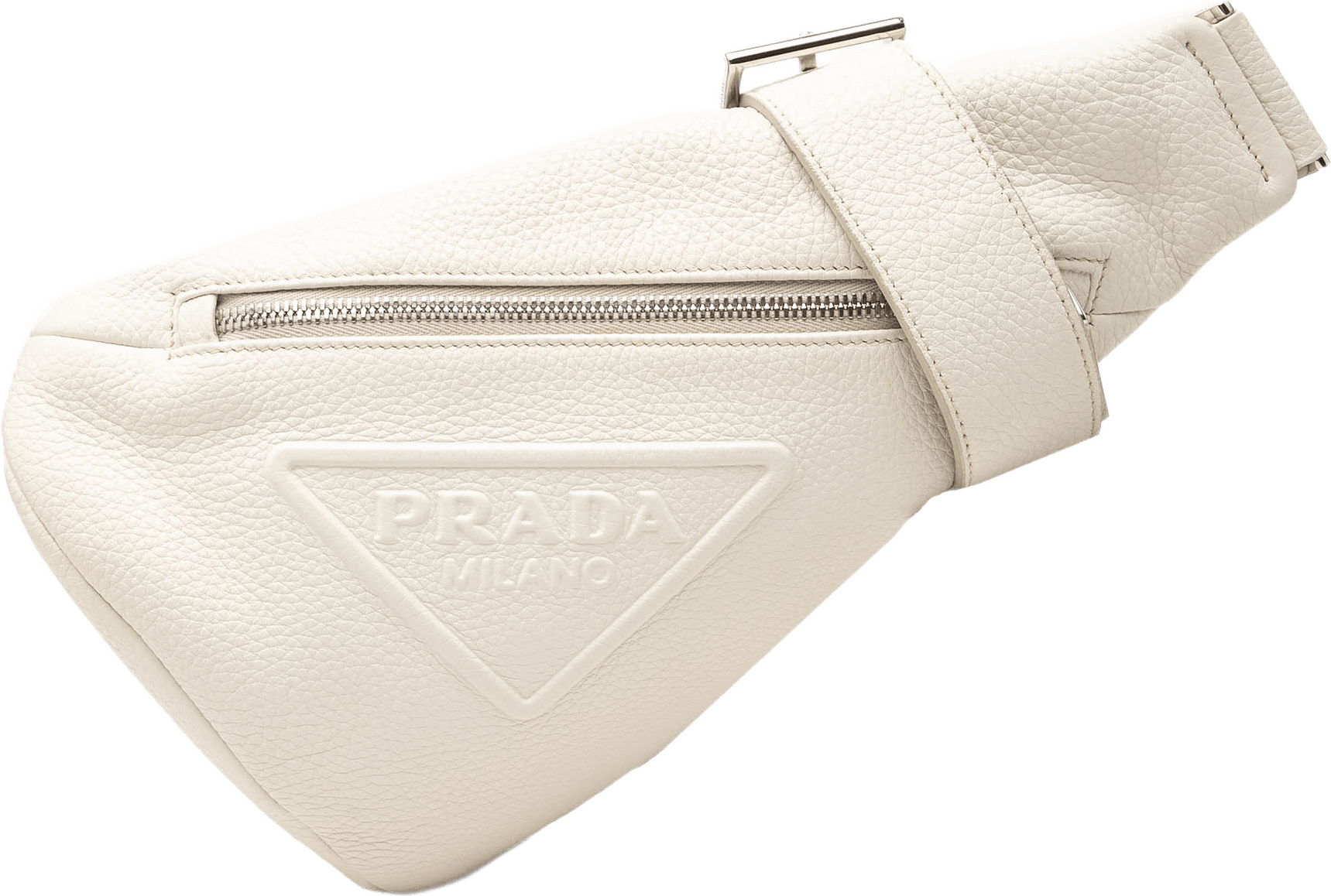 Prada Vitello Daino Logo Embossed Sling Bag, från Luxclusif, i färgen vit.
