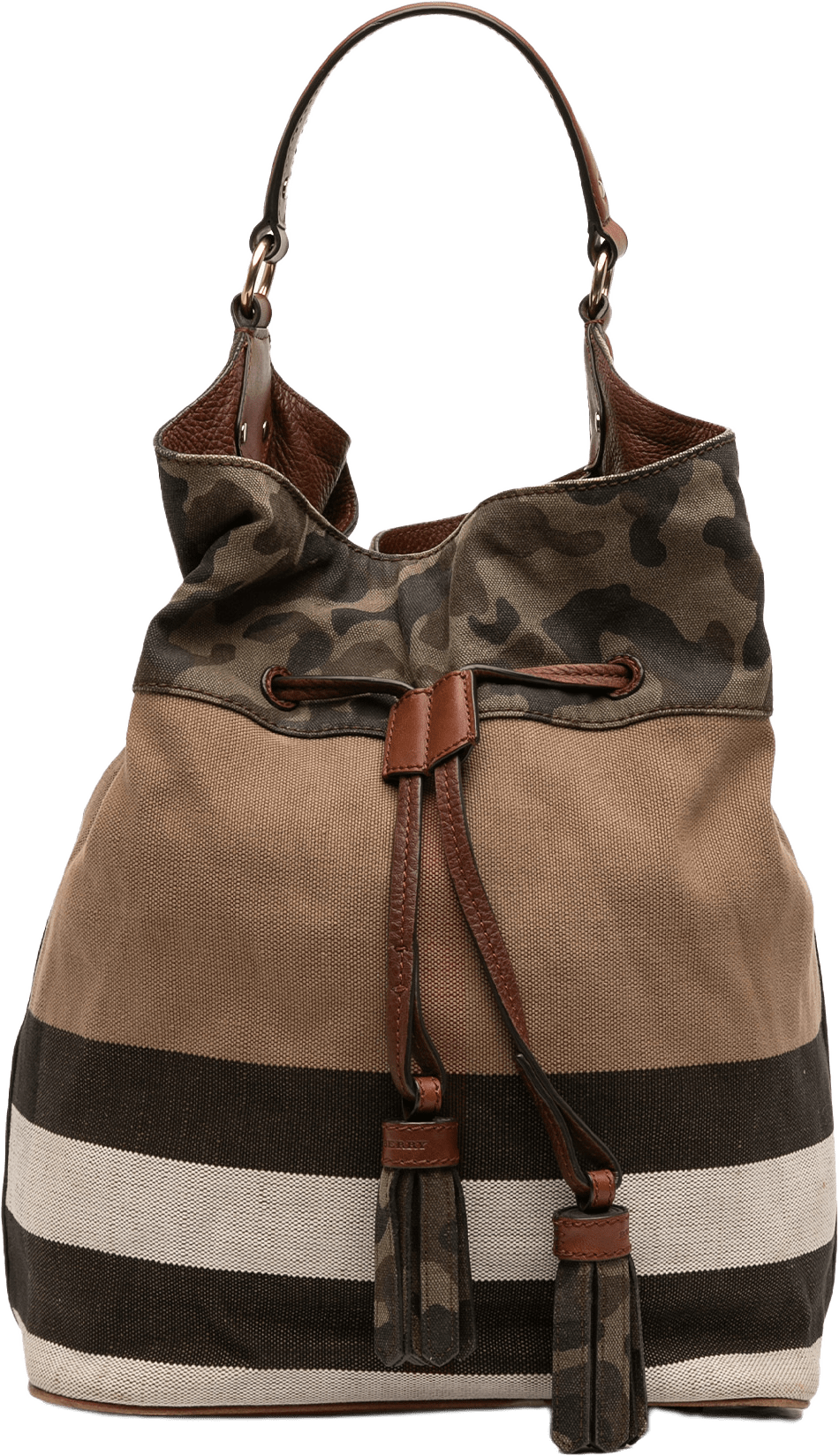 Burberry Mega Check Canvas Camouflage Susanna Tassel Bucket Bag, från Luxclusif, i färgen light brown.