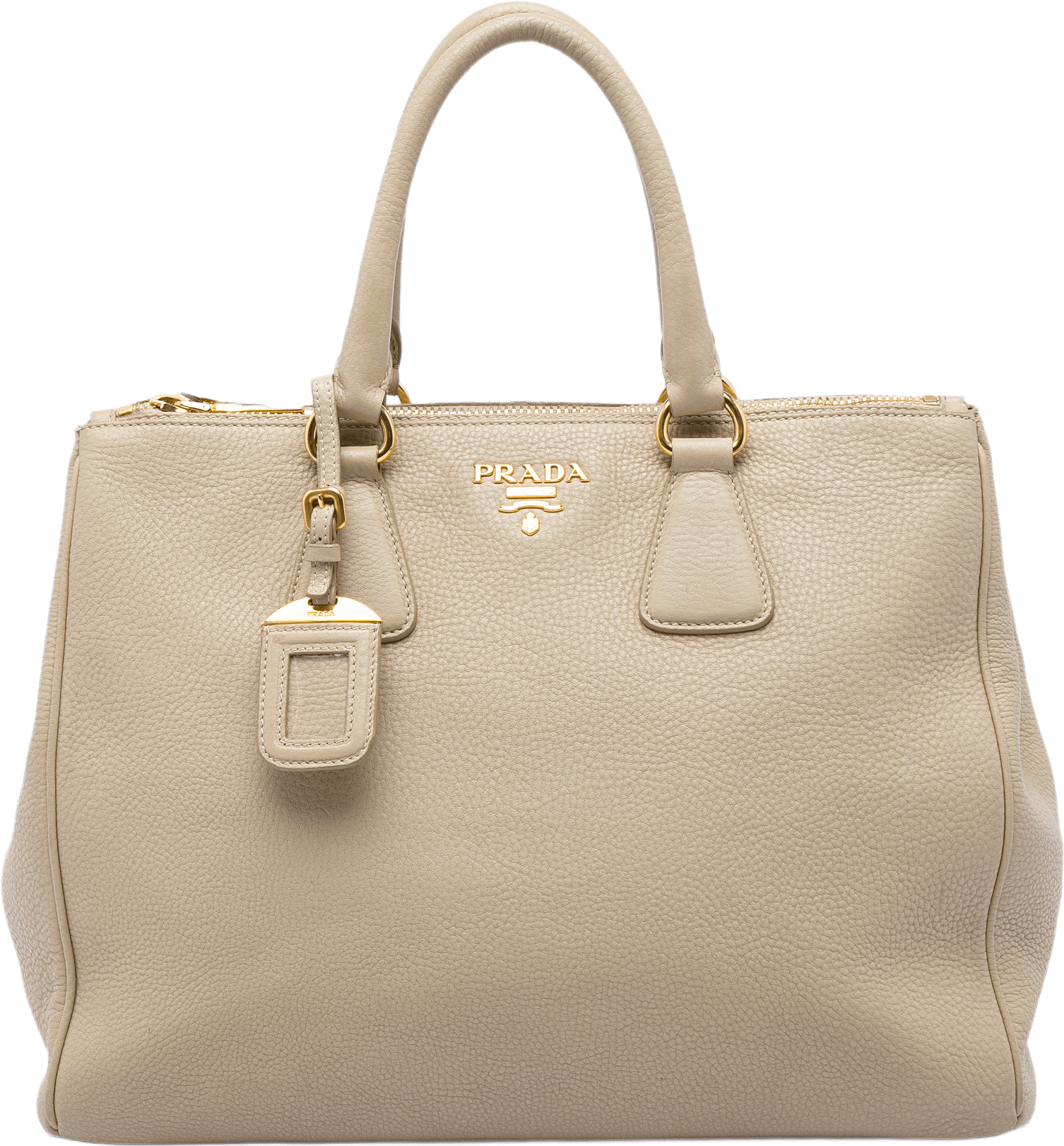Prada Vitello Daino Double Zip Convertible Tote, från Luxclusif, i färgen beige.