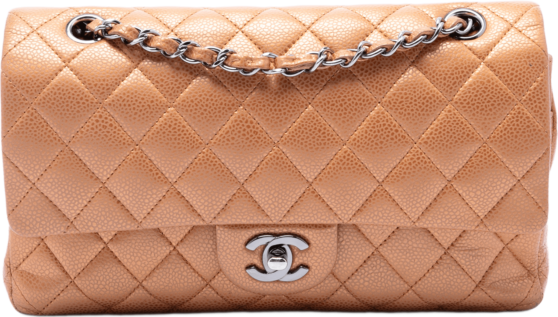 Chanel Medium Classic Metallic Caviar Double Flap, från Luxclusif, i färgen brun.
