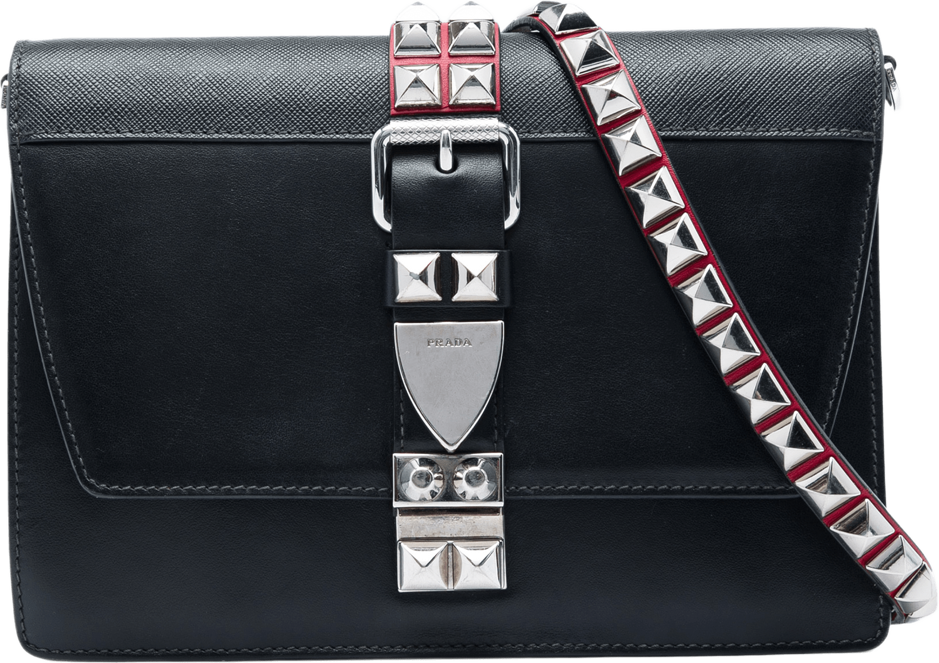 Prada City Calf And Saffiano Studded Elektra Crossbody, från Luxclusif, i färgen svart.