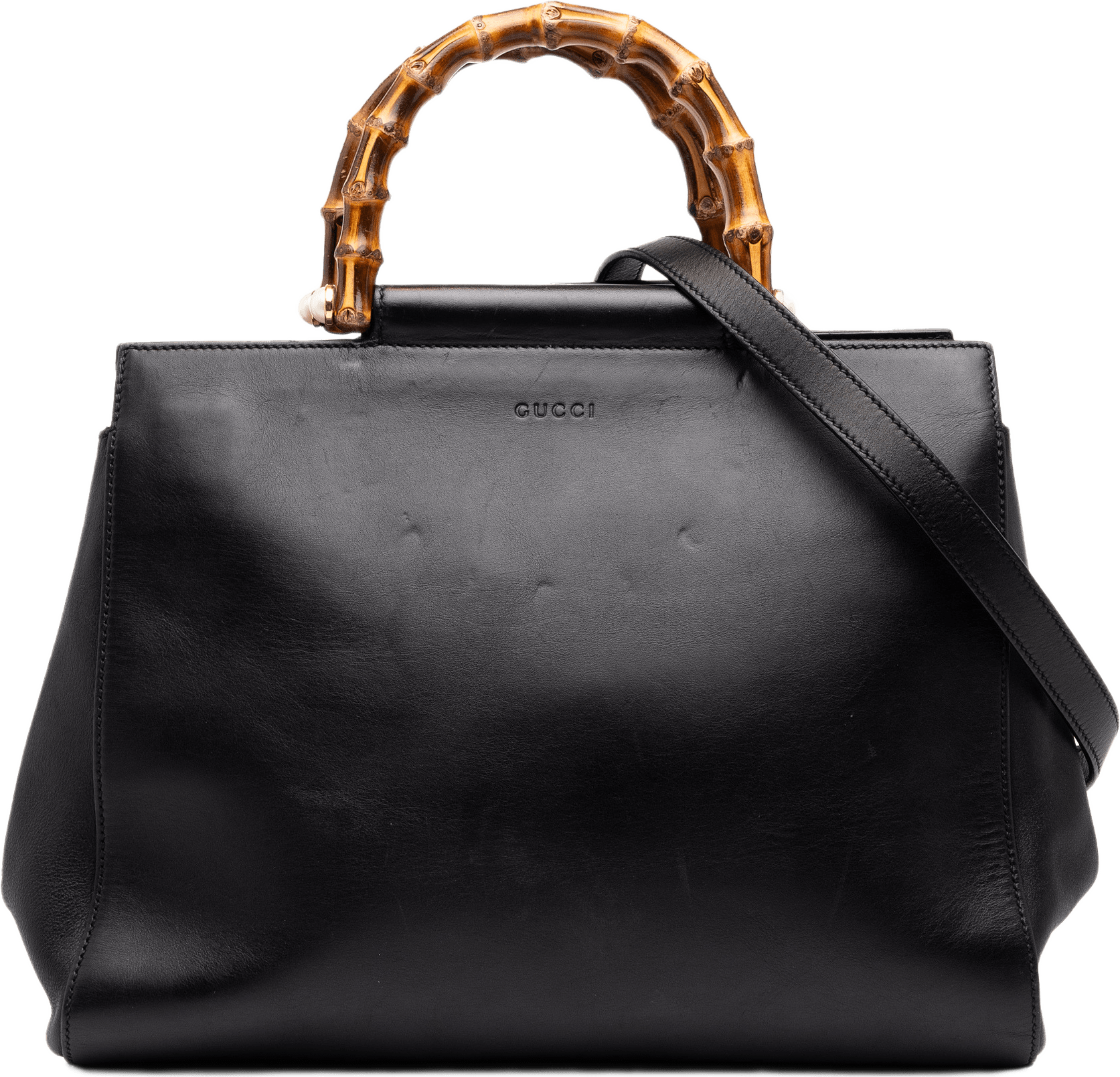Gucci Medium Leather Bamboo Nymphaea Satchel, från Luxclusif, i färgen svart.