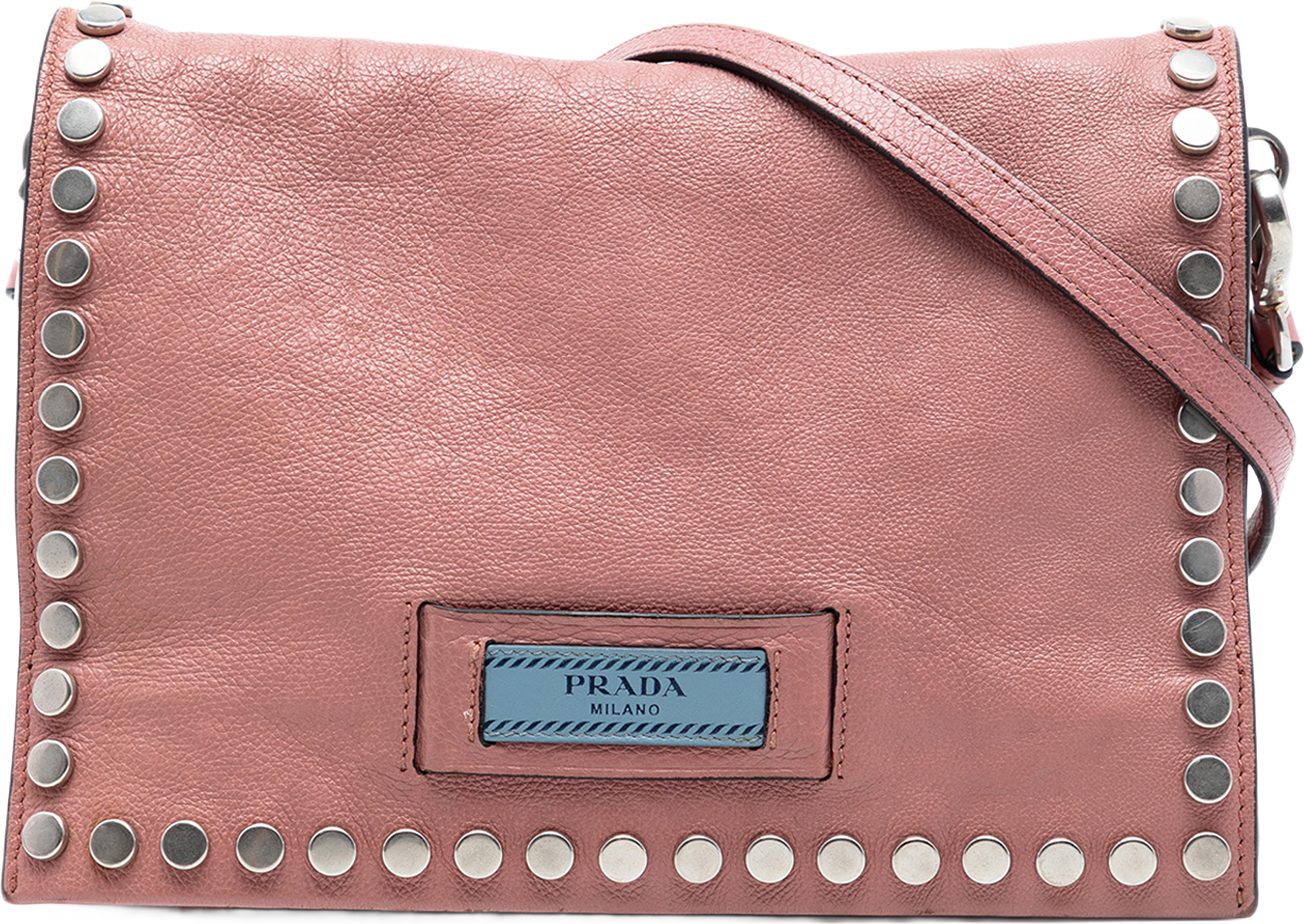 Prada Glace Calfskin Studded Etiquette Flap, från Luxclusif, i färgen rosa.