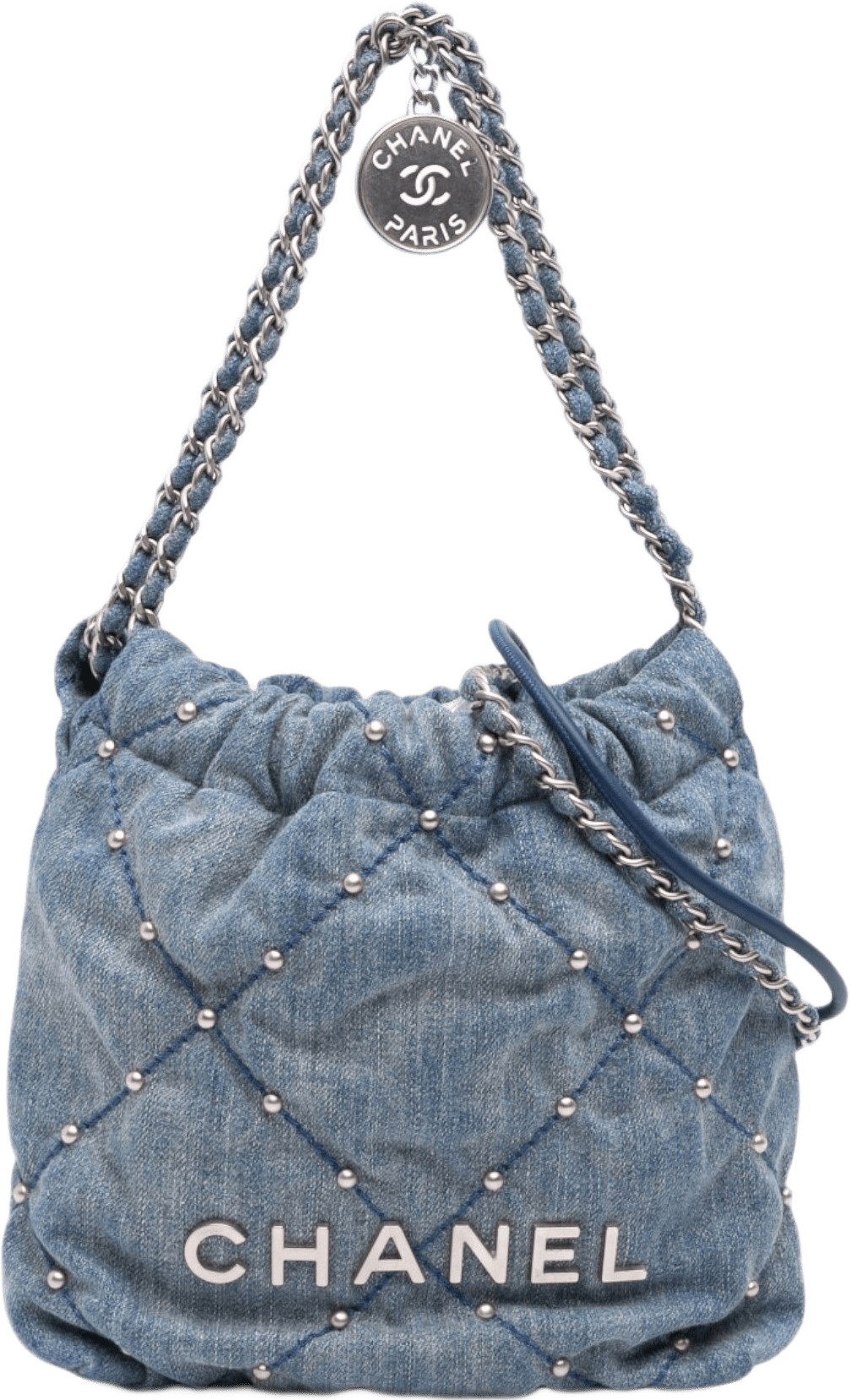 Chanel Mini Denim Studded 22 Handbag, från Luxclusif, i färgen blå.