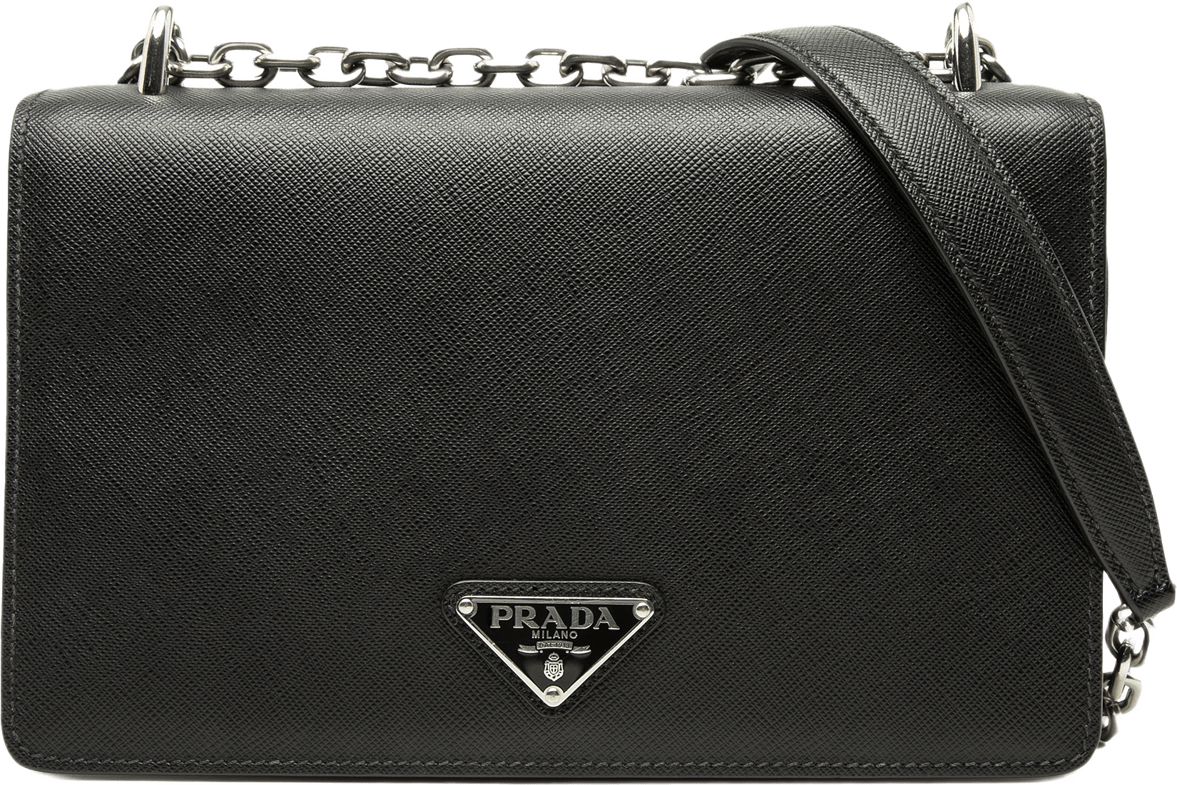Prada Saffiano And Tessuto Chain Crossbody, från Luxclusif, i färgen svart.