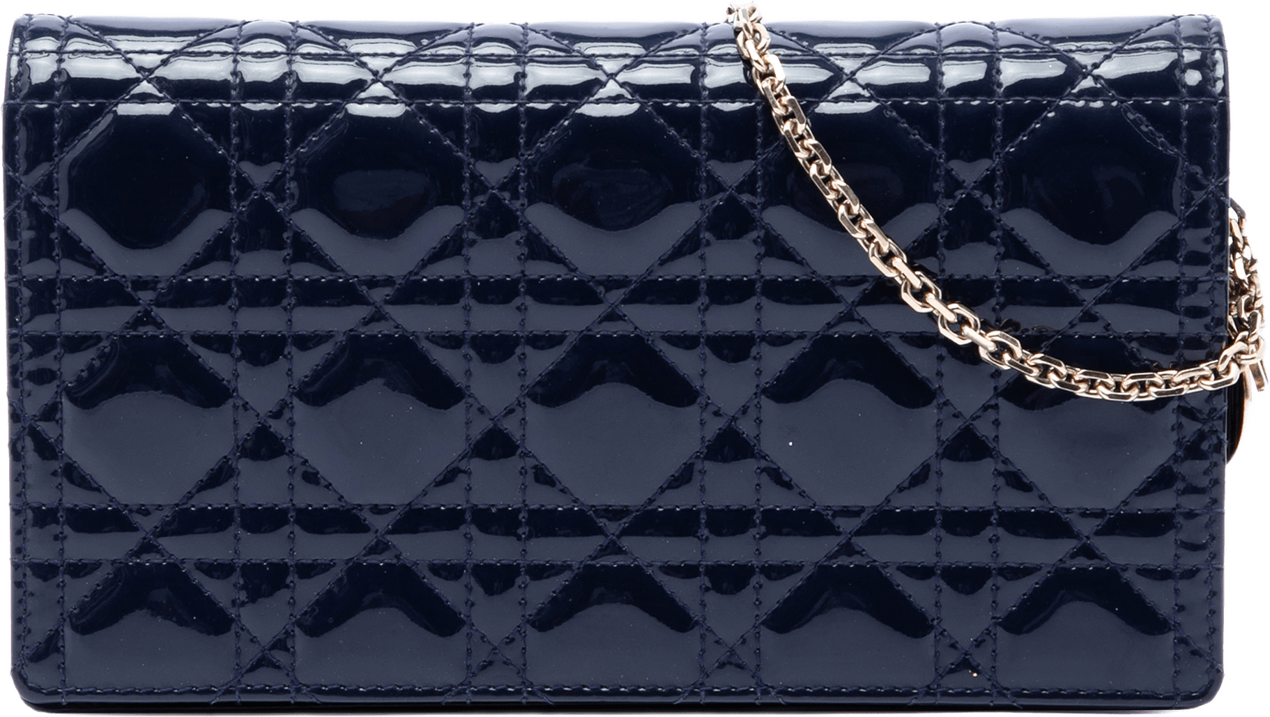 Dior Patent Cannage Lady Dior Pouch With Chain, från Luxclusif, i färgen blå.