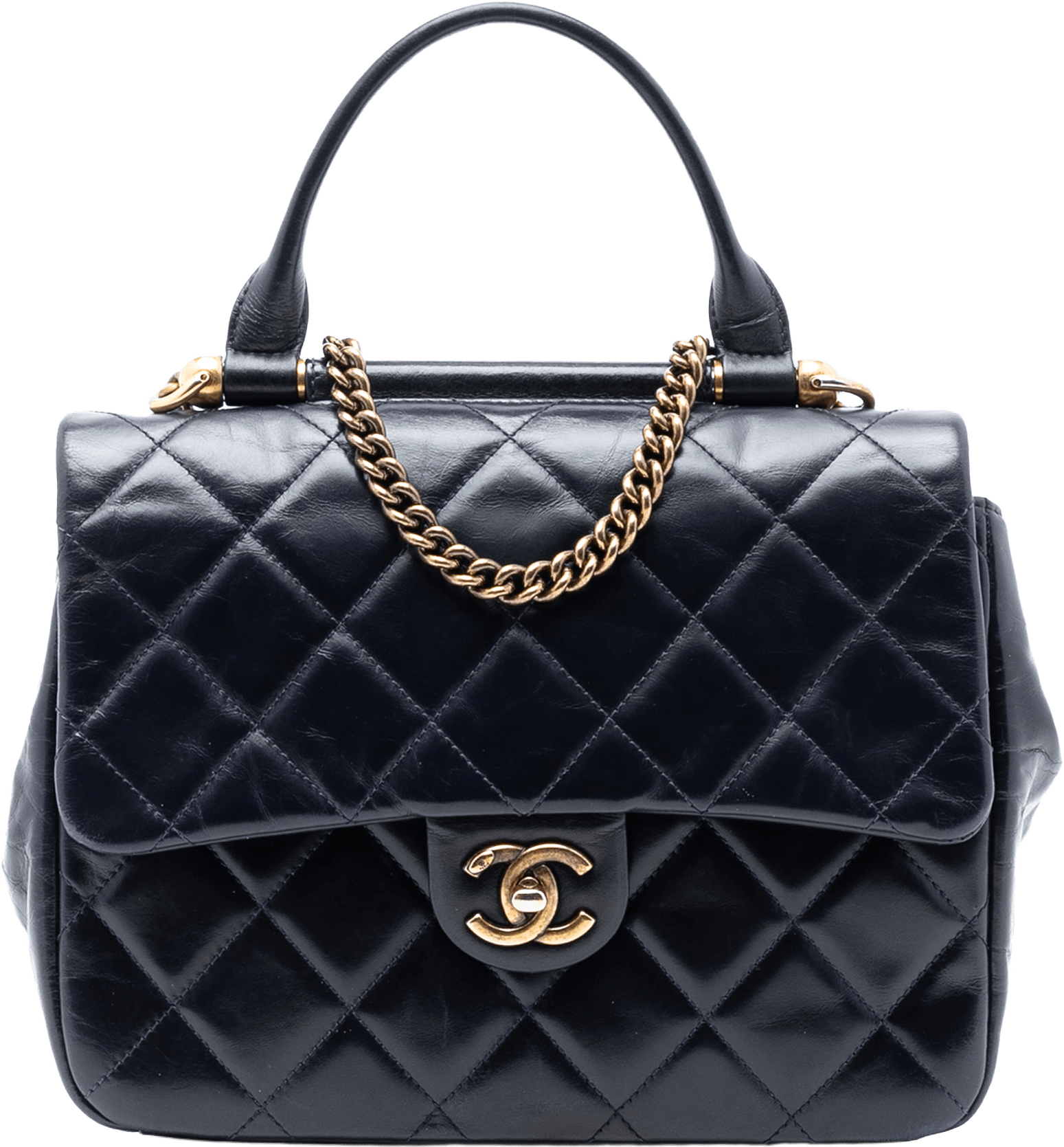 Chanel Medium Quilted Glazed Calfskin Gold Bar Top Handle Flap, från Luxclusif, i färgen navy.