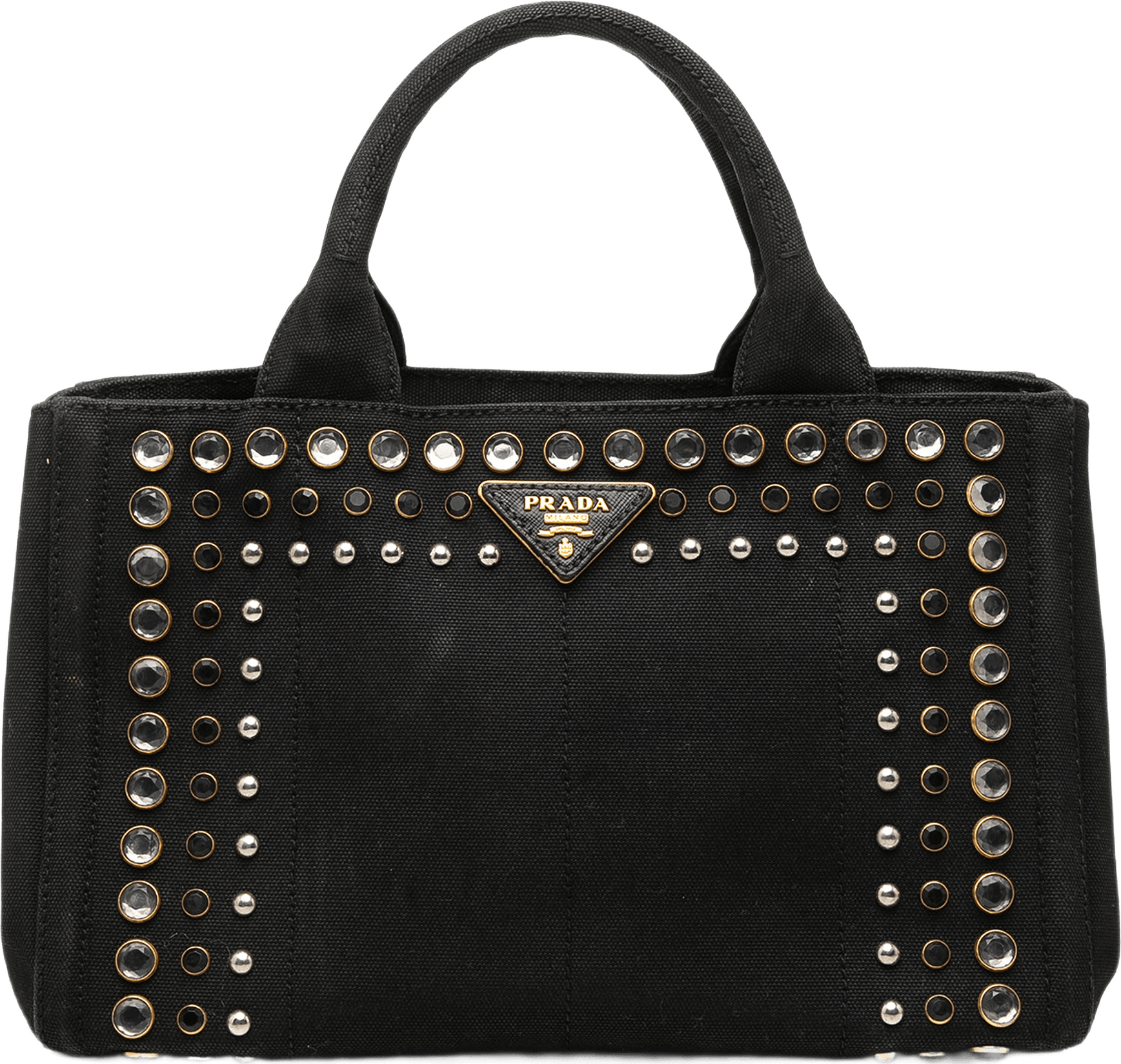 Prada Canvas Canapa Studded Handbag, från Luxclusif, i färgen svart.