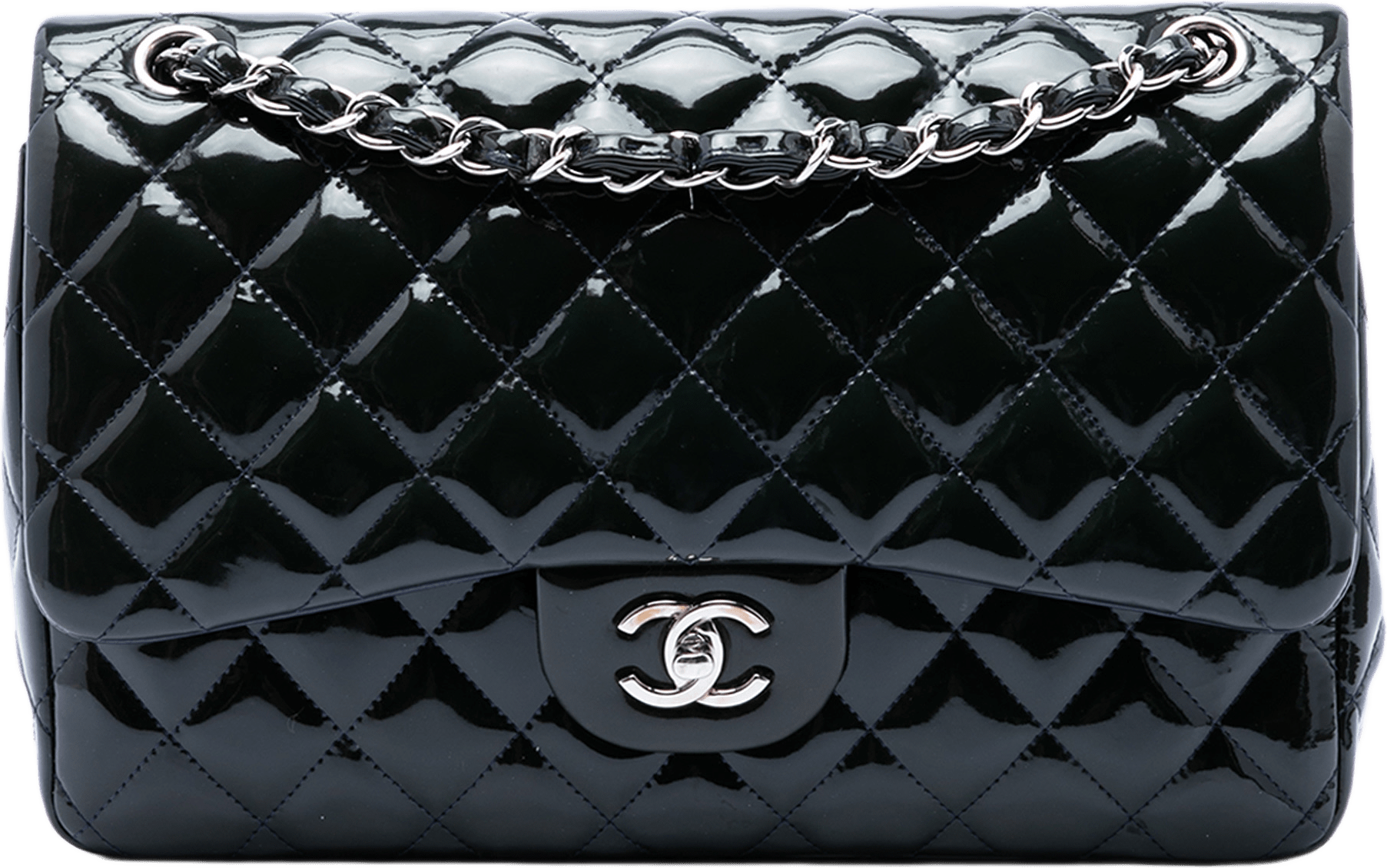 Chanel Jumbo Classic Patent Double Flap, från Luxclusif, i färgen navy.