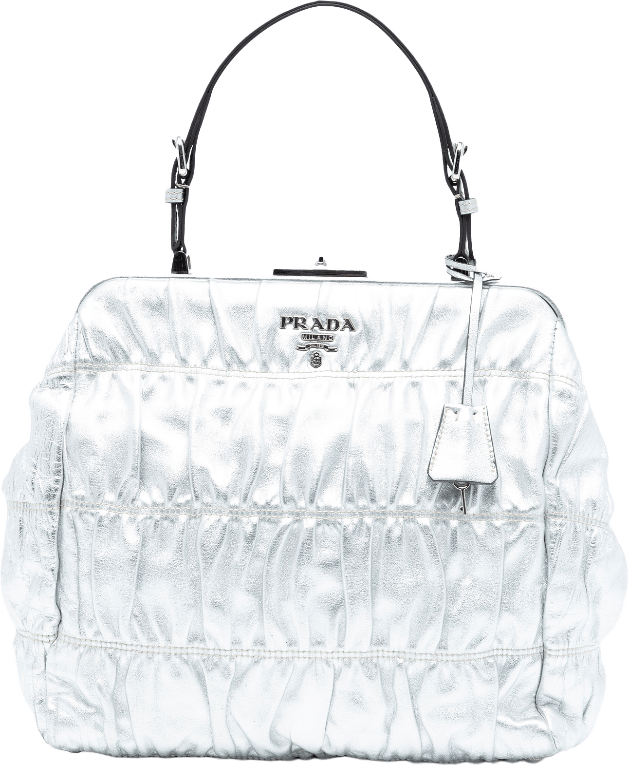 Prada Metallic Nappa Gaufre Dressy Frame Handbag, från Luxclusif, i färgen silver.