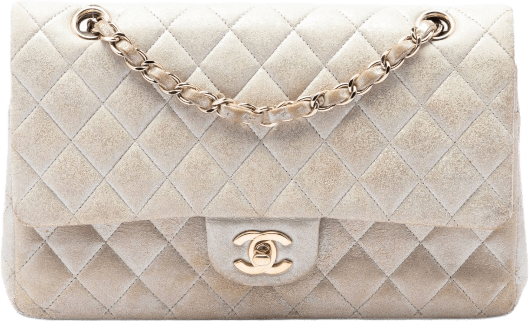 Chanel Medium Classic Iridescent Lambskin Double Flap, från Luxclusif, i färgen guld.