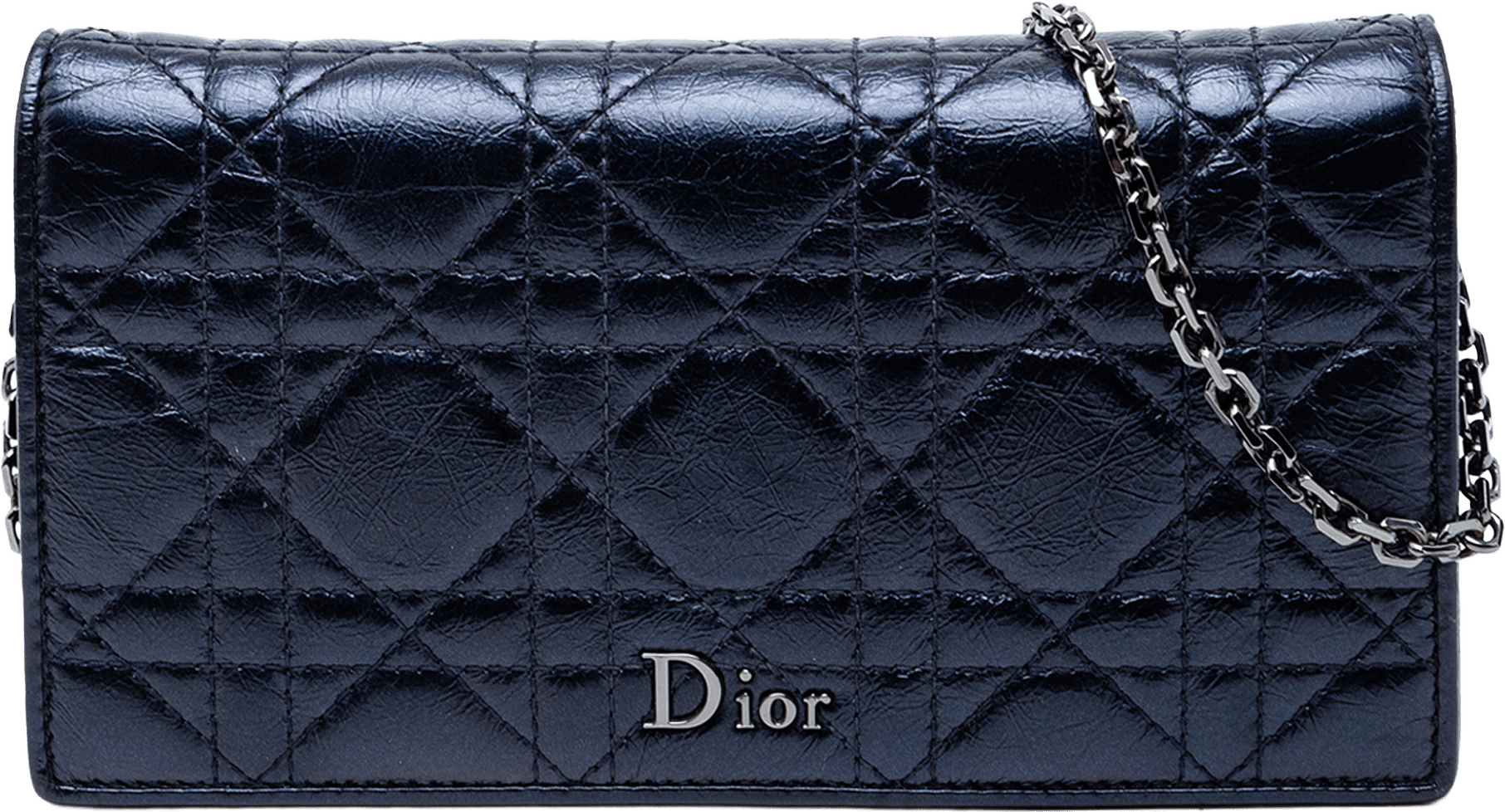 Dior Crinkled Lambskin Cannage Lady Dior Wallet On Chain, från Luxclusif, i färgen navy.