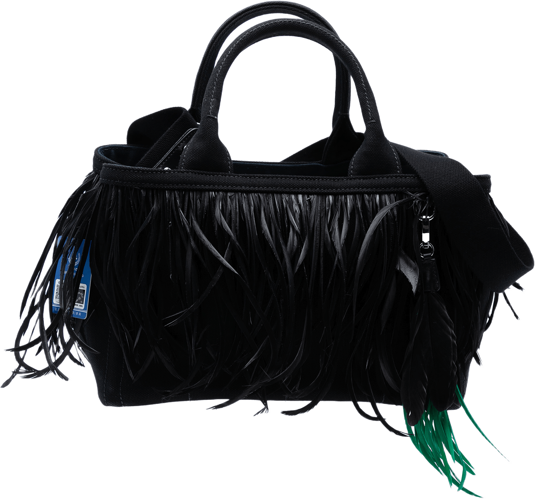 Prada Small Feather Trimmed Canvas Canapa Satchel, från Luxclusif, i färgen black.