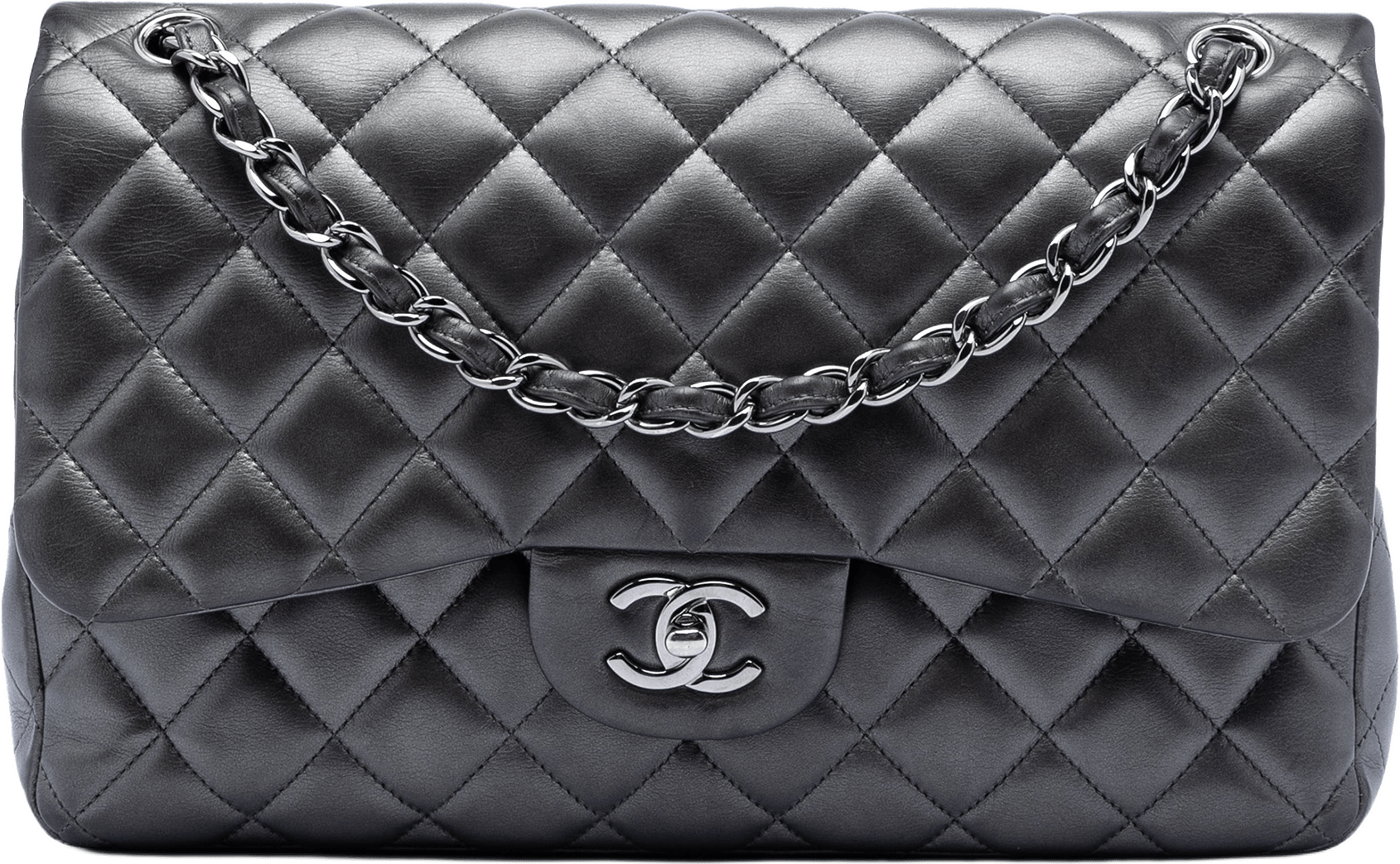 Chanel Jumbo Classic Lambskin Double Flap, från Luxclusif, i färgen dark gray.