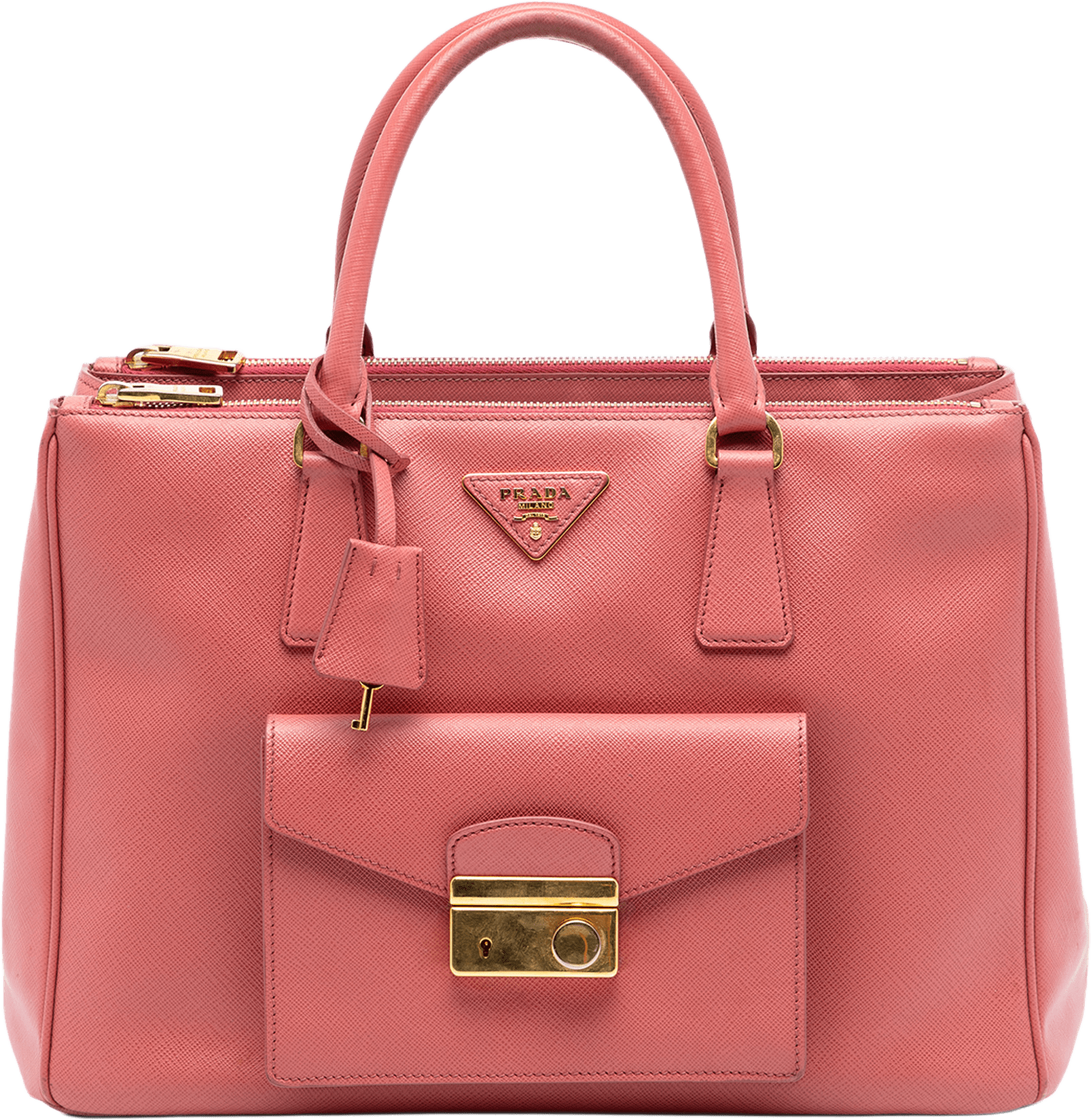 Prada Saffiano Lux Galleria Double Zip Front Pocket Satchel, från Luxclusif, i färgen blush.